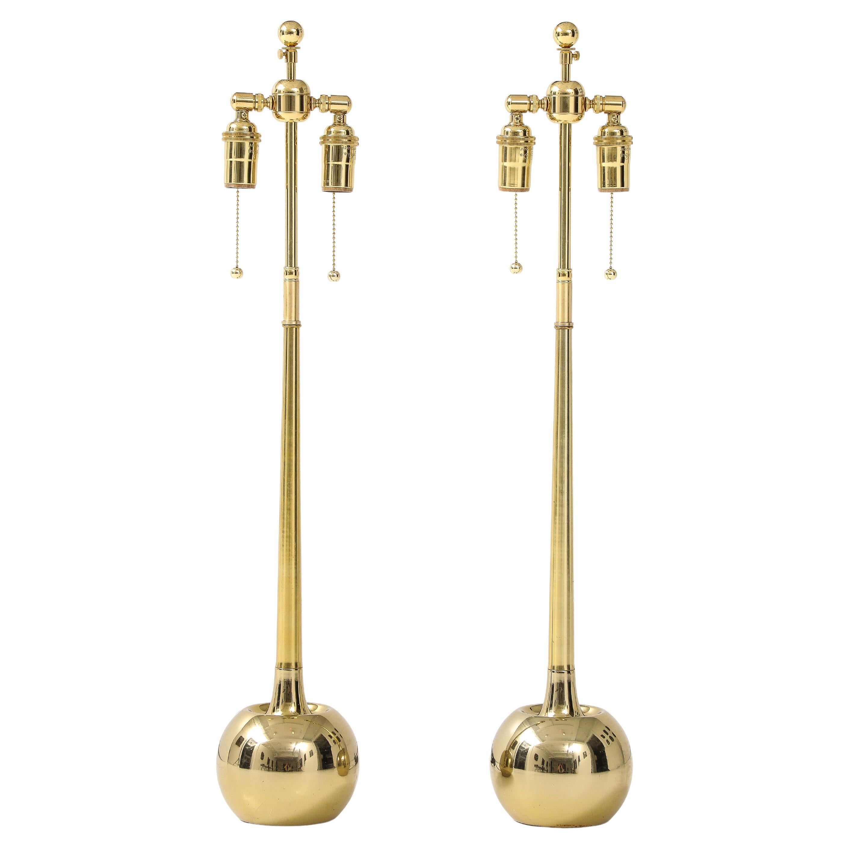 1970's Pair of Sleek  Polished Brass Ball Lamps by Laurel Lamp Company