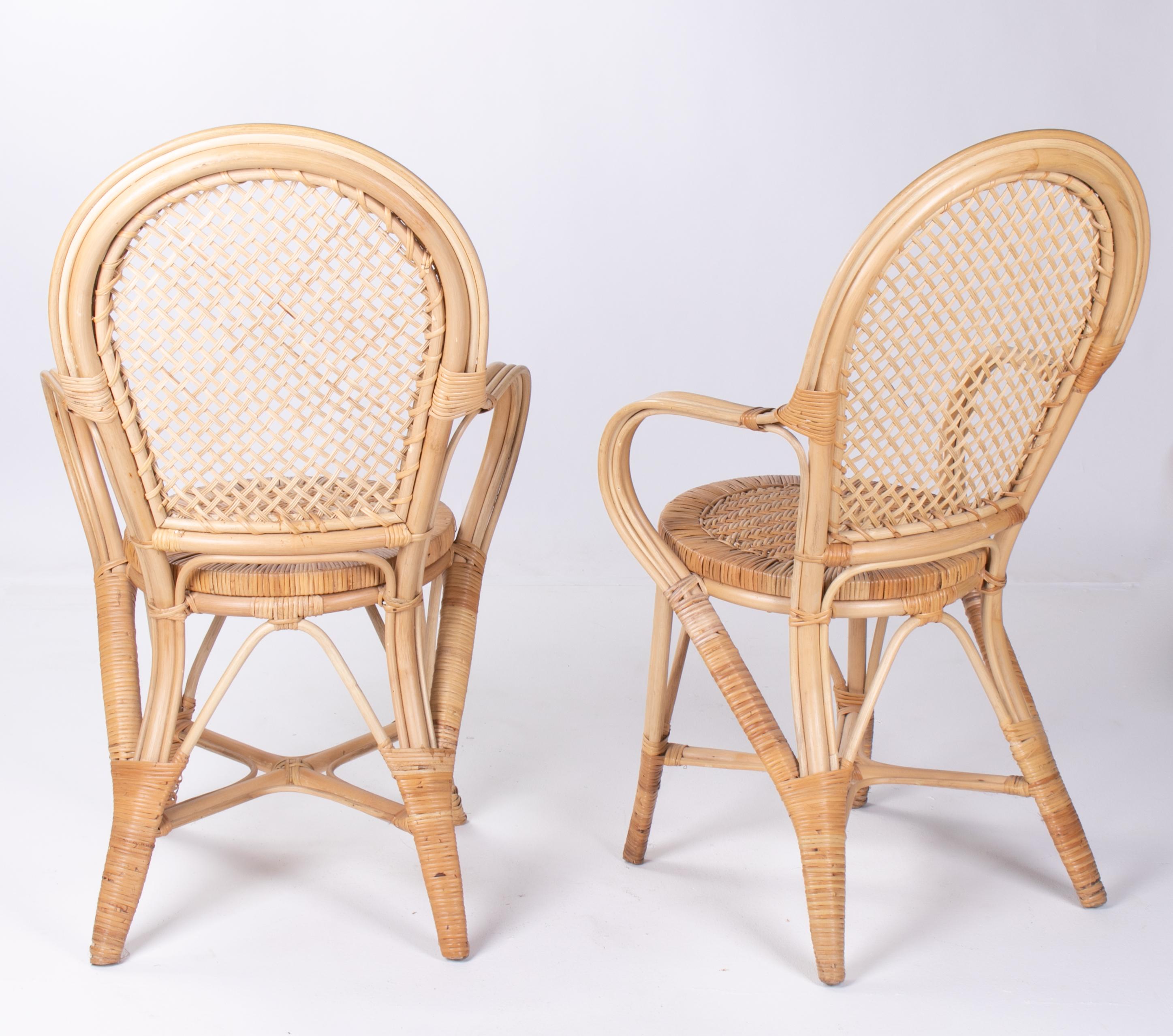 20th Century 1970s Pair of Spanish Bamboo and Wicker Armchairs For Sale