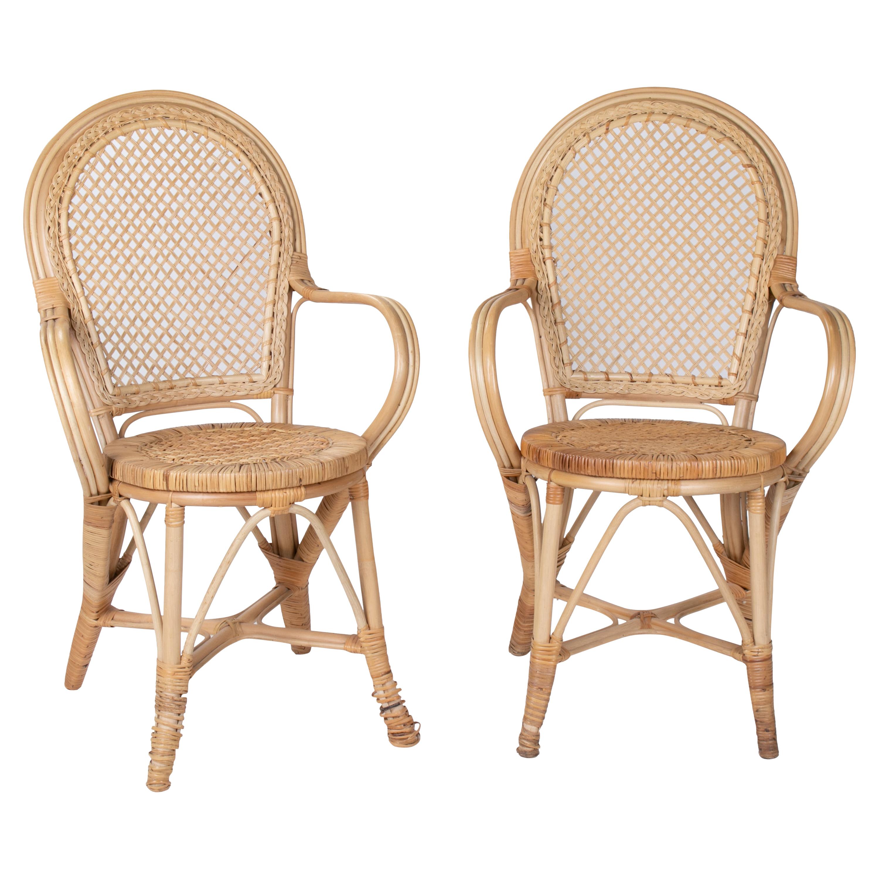 1970s Pair of Spanish Bamboo and Wicker Armchairs For Sale