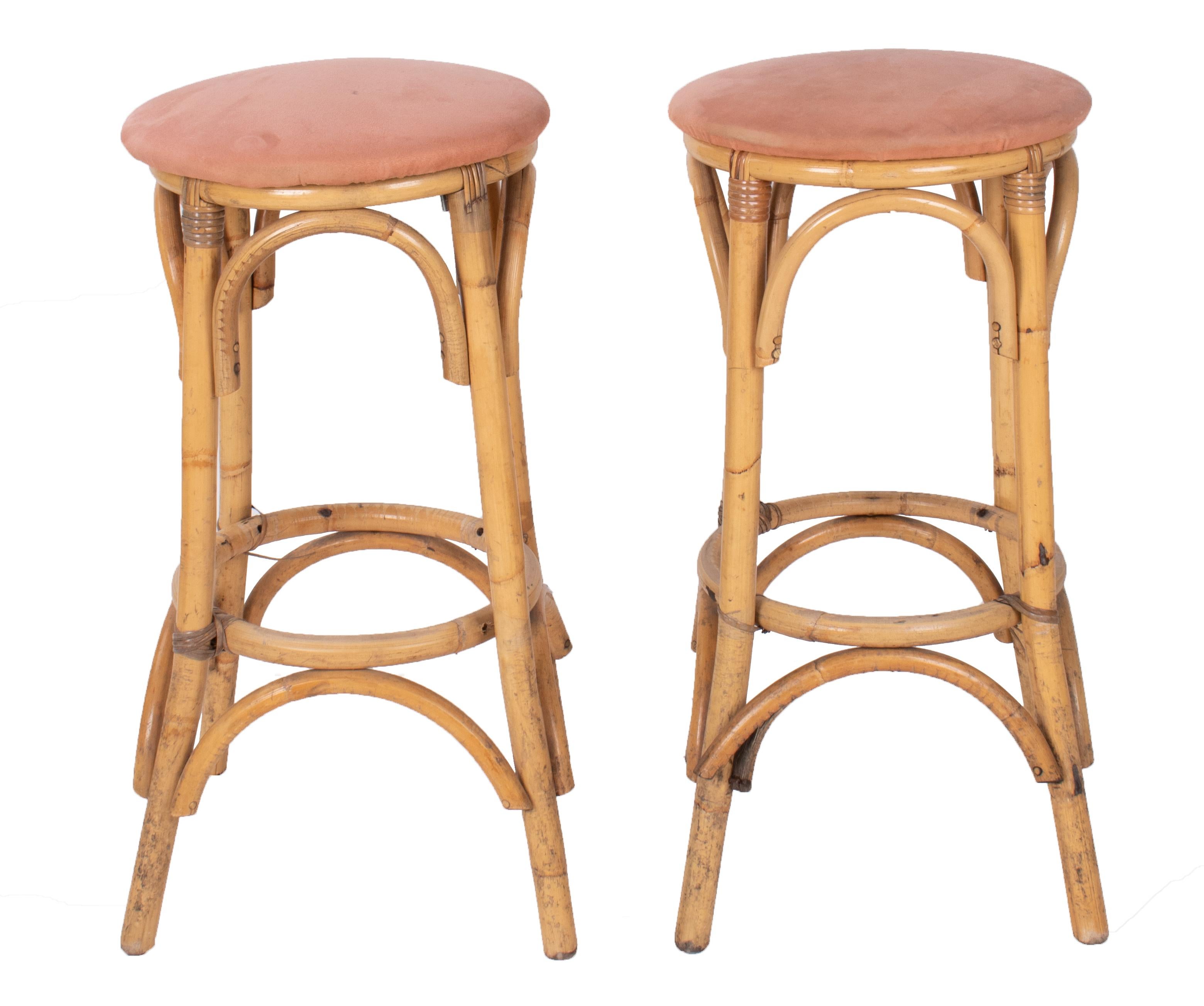 1970s pair of Spanish bamboo and wicker stools.