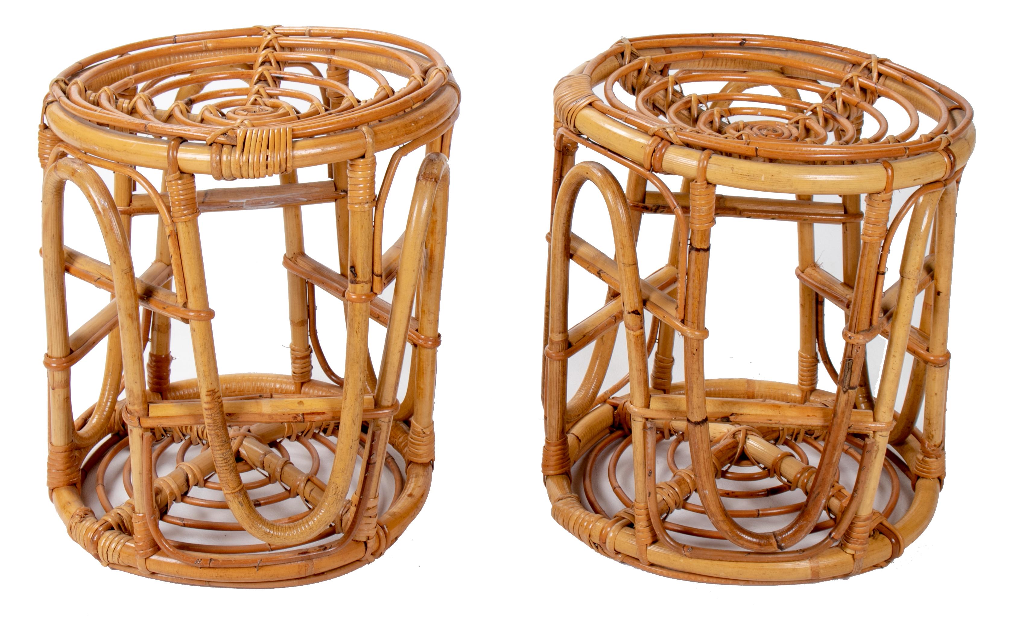Pair of Spanish bamboo and wicker stools from the 1970s.