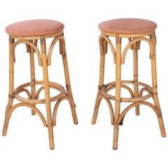 Vintage 1970s Pair of Spanish Bamboo and Wicker Stools
