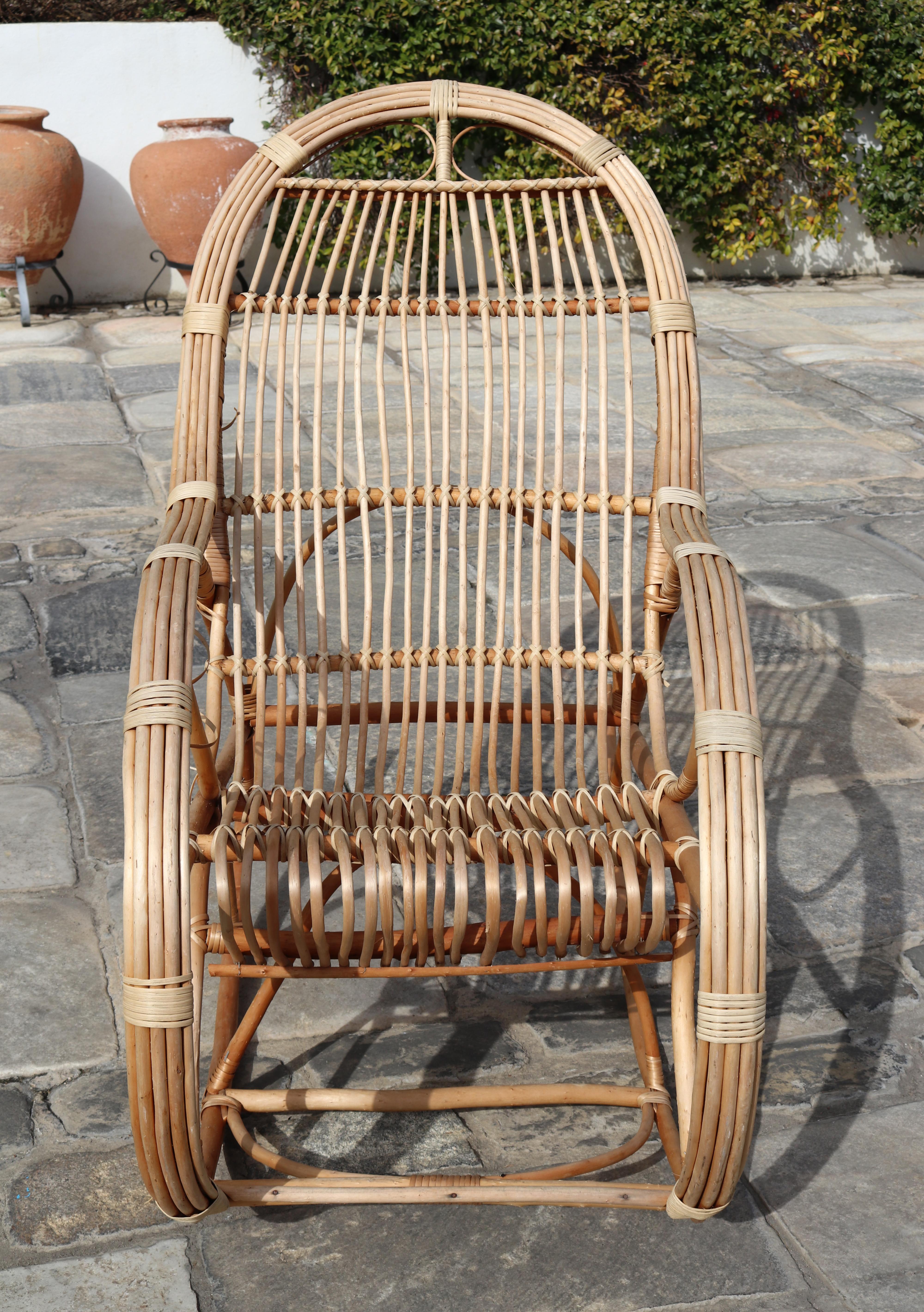 1970s Pair of Spanish Bamboo and Willow Wicker Rocking Chairs 5