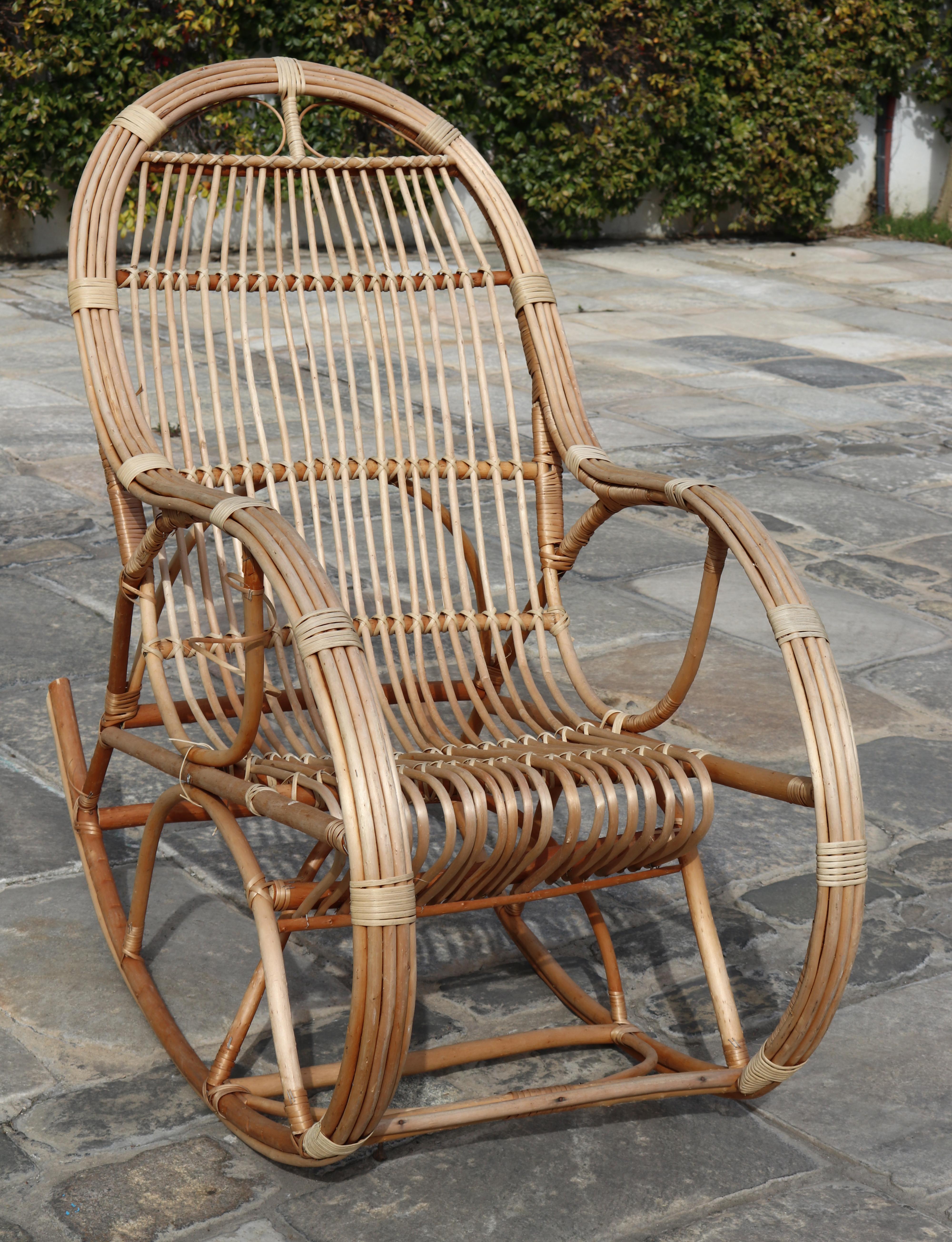 1970s Pair of Spanish Bamboo and Willow Wicker Rocking Chairs 6