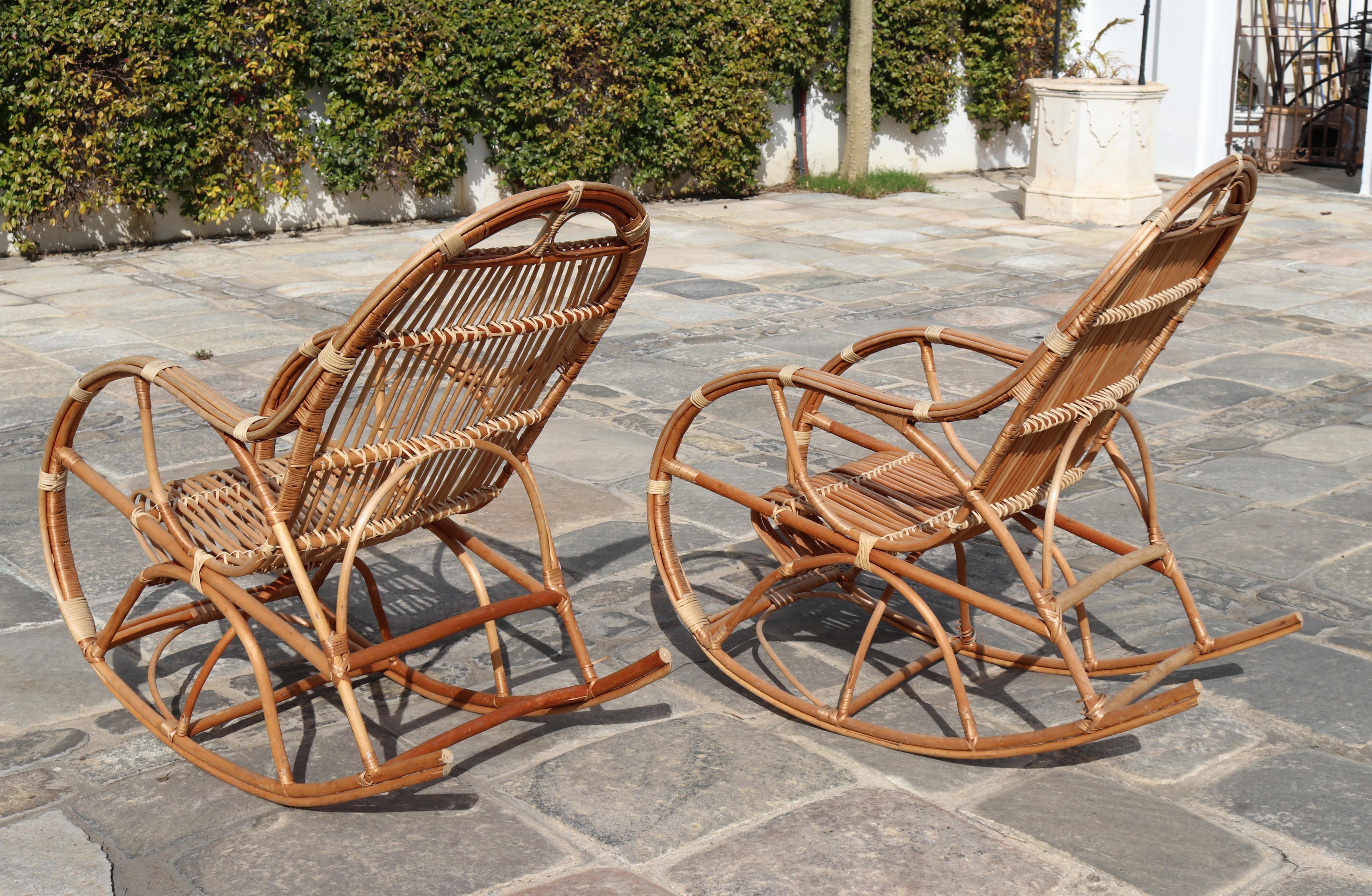 20th Century 1970s Pair of Spanish Bamboo and Willow Wicker Rocking Chairs