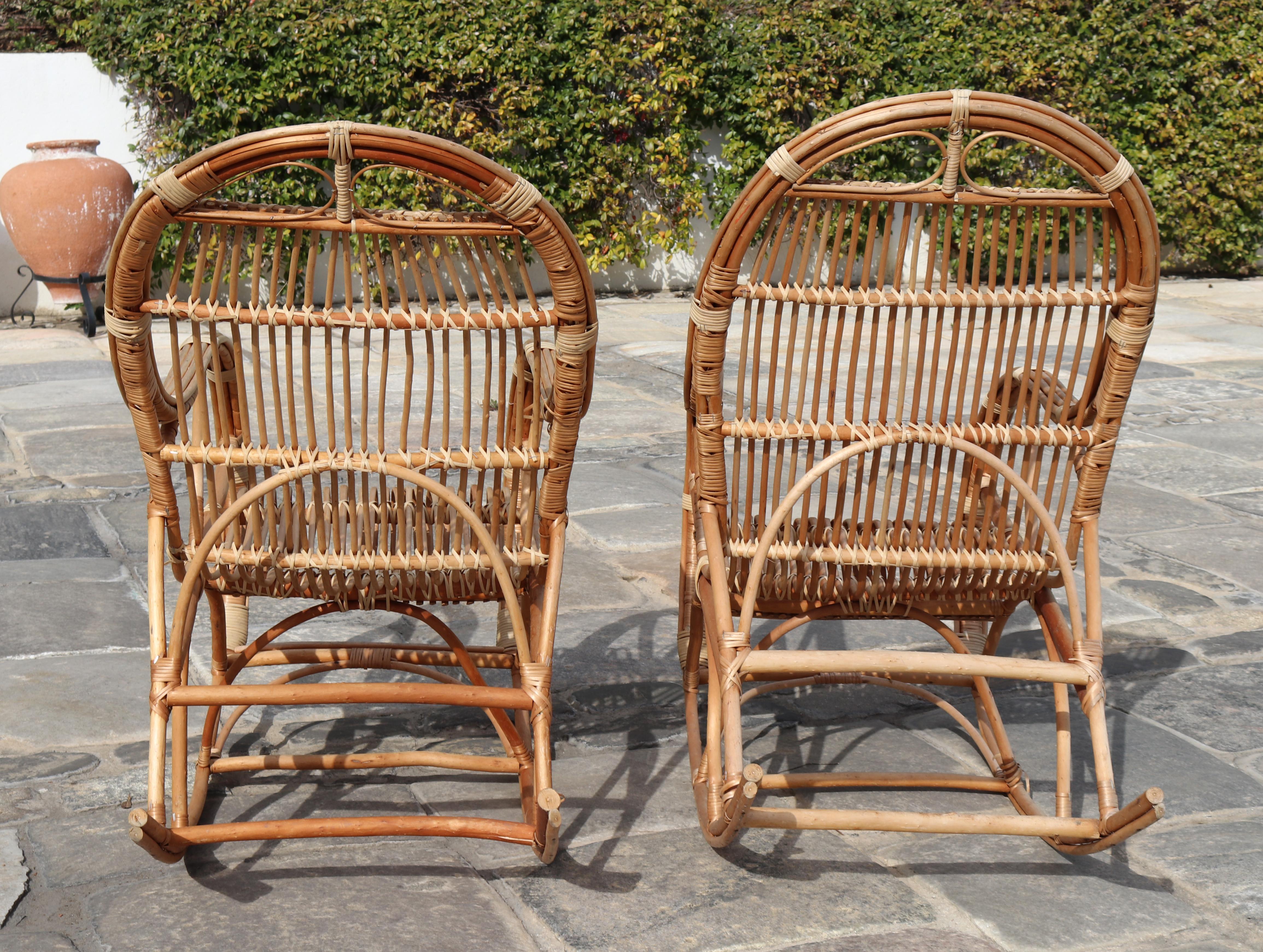1970s Pair of Spanish Bamboo and Willow Wicker Rocking Chairs 1