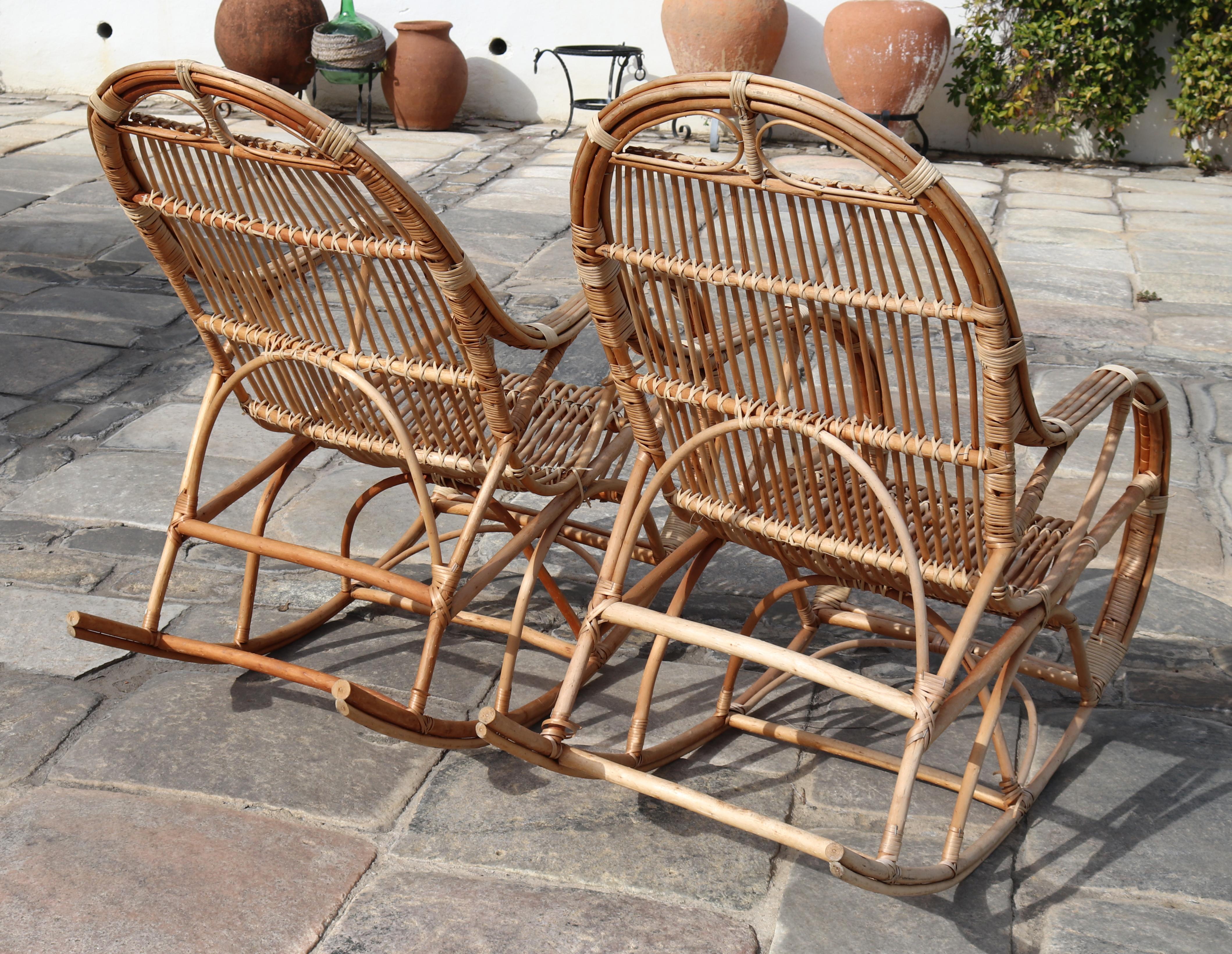 1970s Pair of Spanish Bamboo and Willow Wicker Rocking Chairs 2