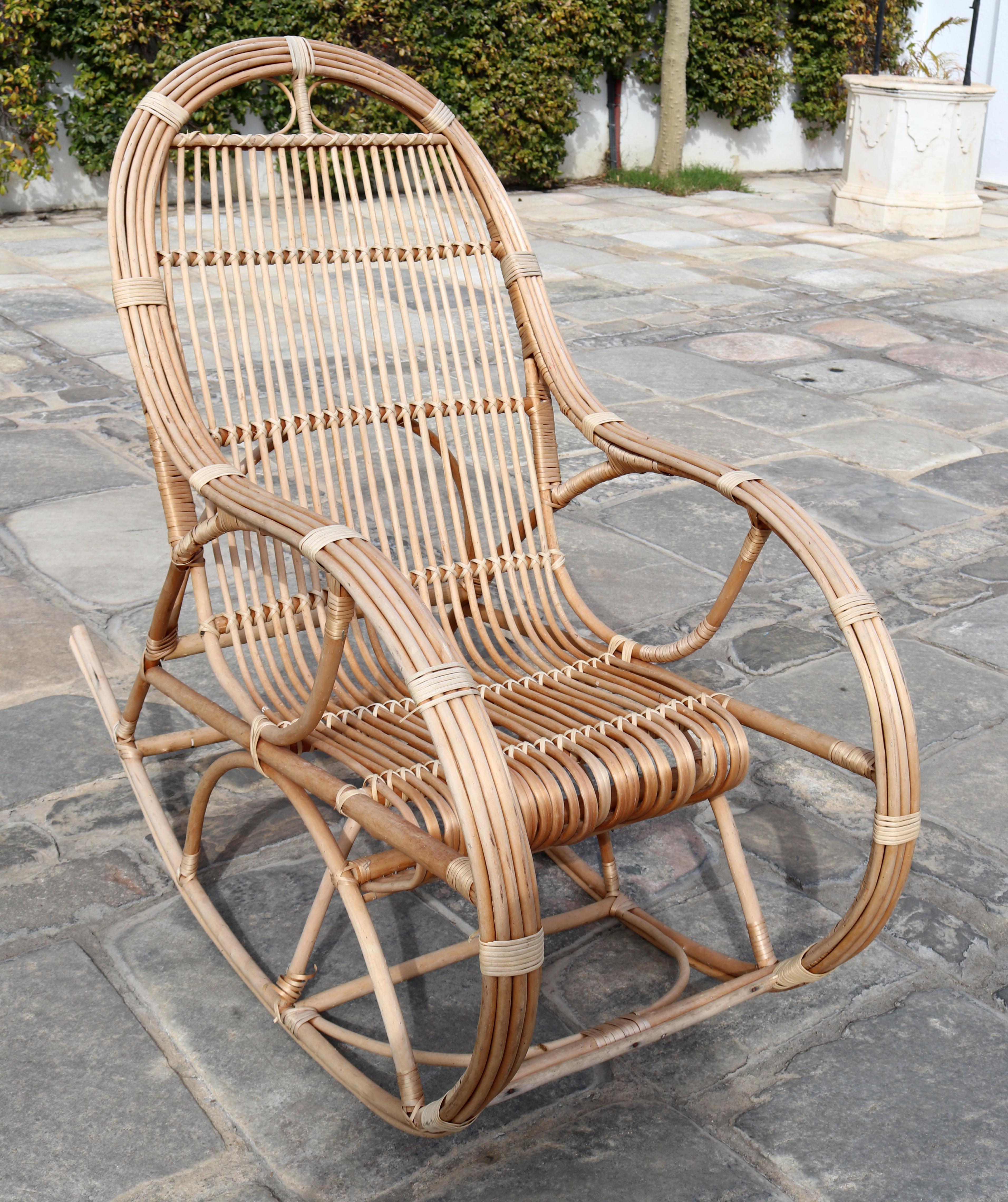 1970s Pair of Spanish Bamboo and Willow Wicker Rocking Chairs 3