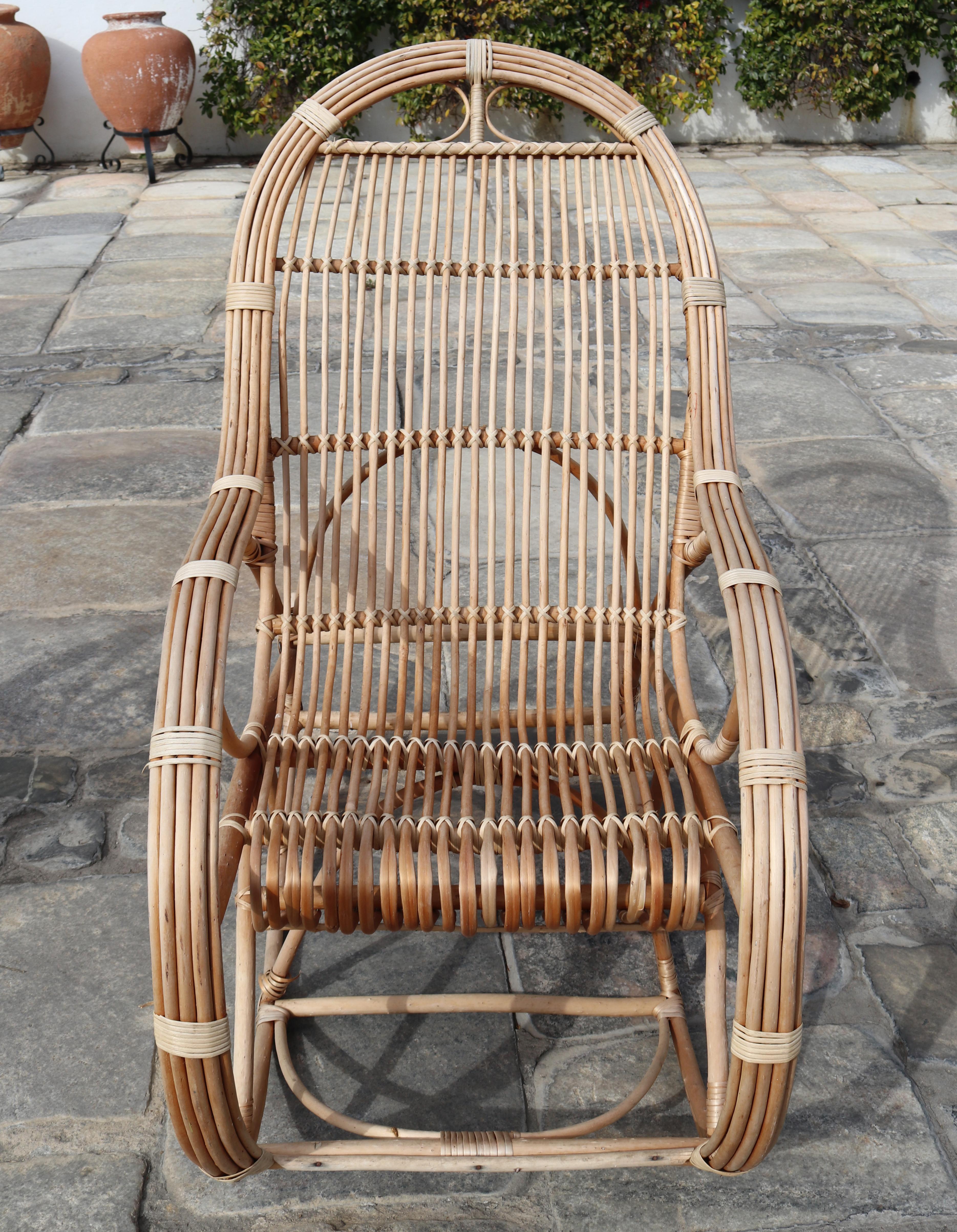 1970s Pair of Spanish Bamboo and Willow Wicker Rocking Chairs 4