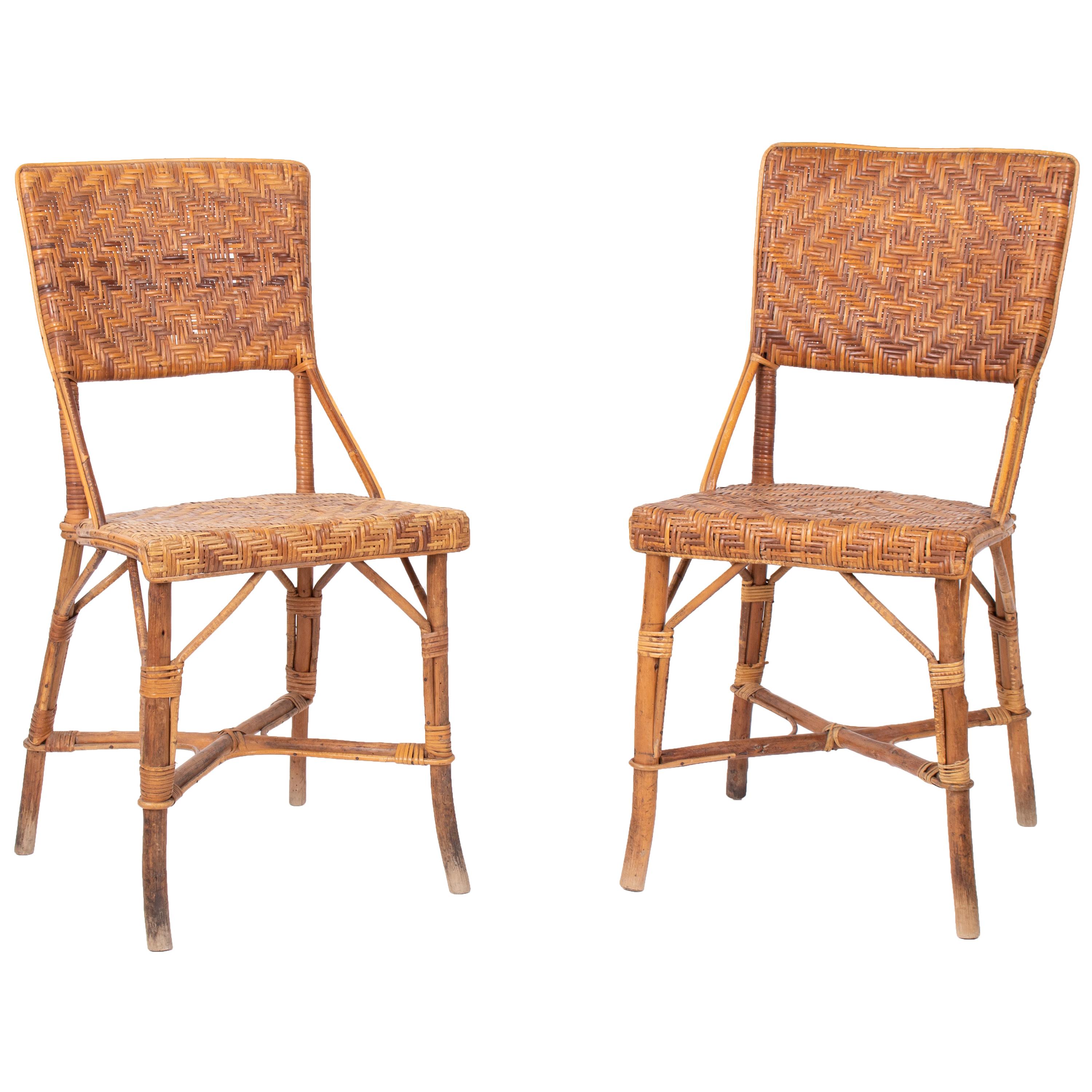 1970s Pair of Spanish Bamboo and Wood Chairs