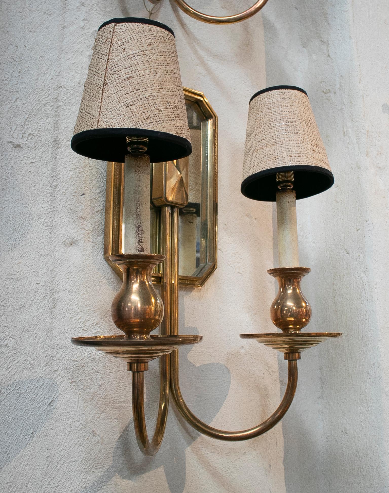 European 1970s Pair of Spanish Bronze Wall Lamps with Shades and Mirror For Sale