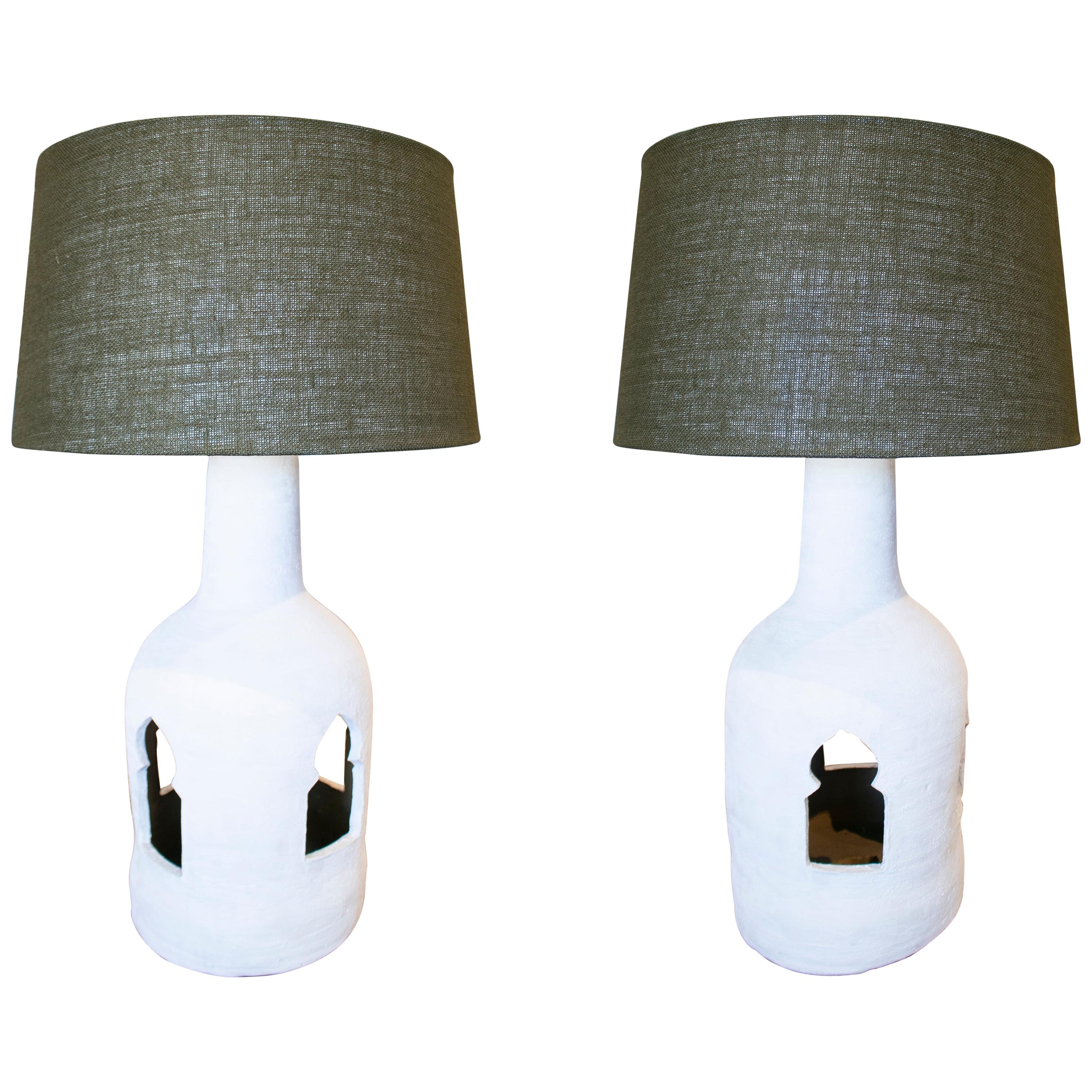 1970s Pair of Spanish Ceramic Table Lamps Painted in Chalk White