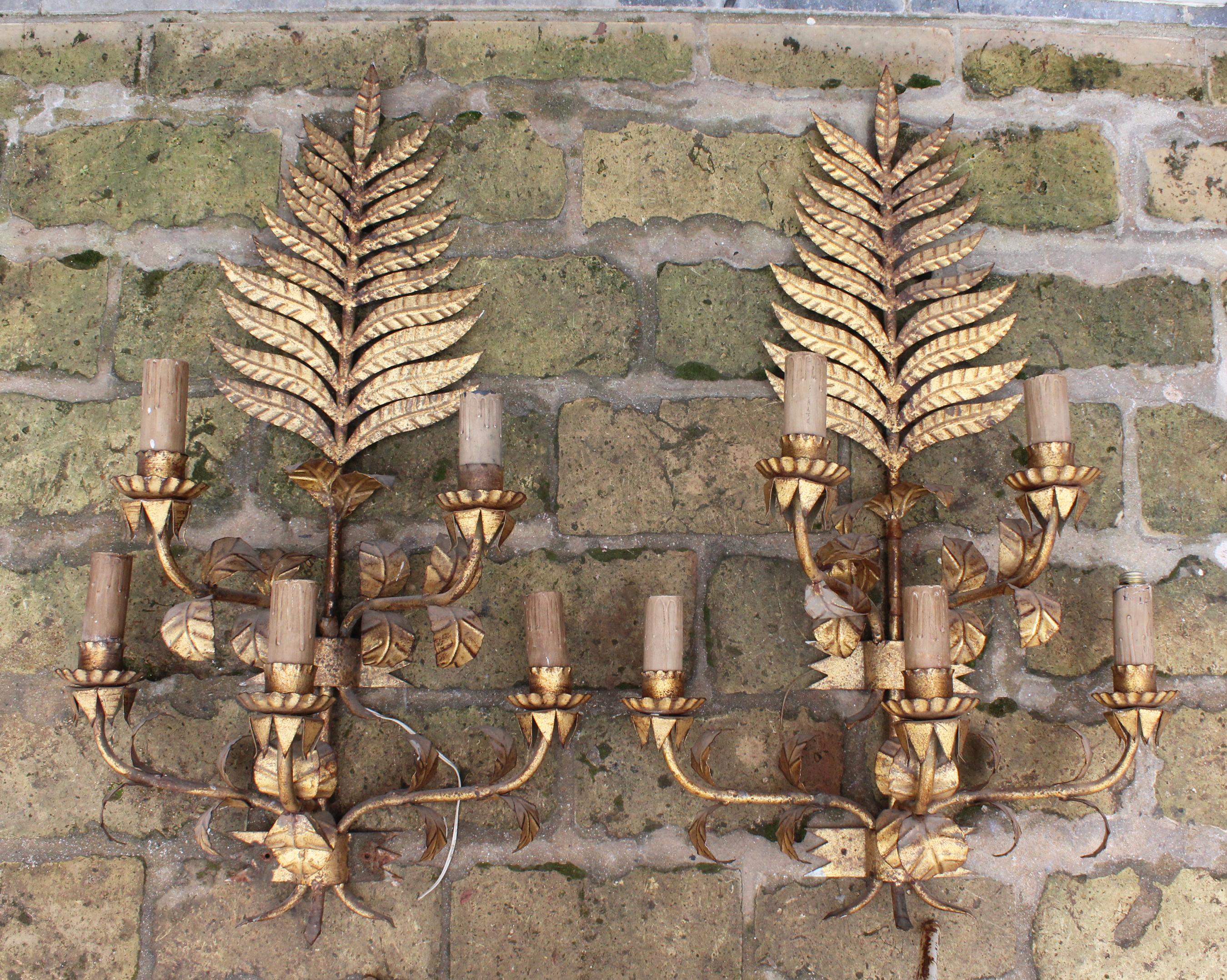 1970s pair of Spanish five-arm iron sconces headed by a large fern leaf and other floral motifs.
   