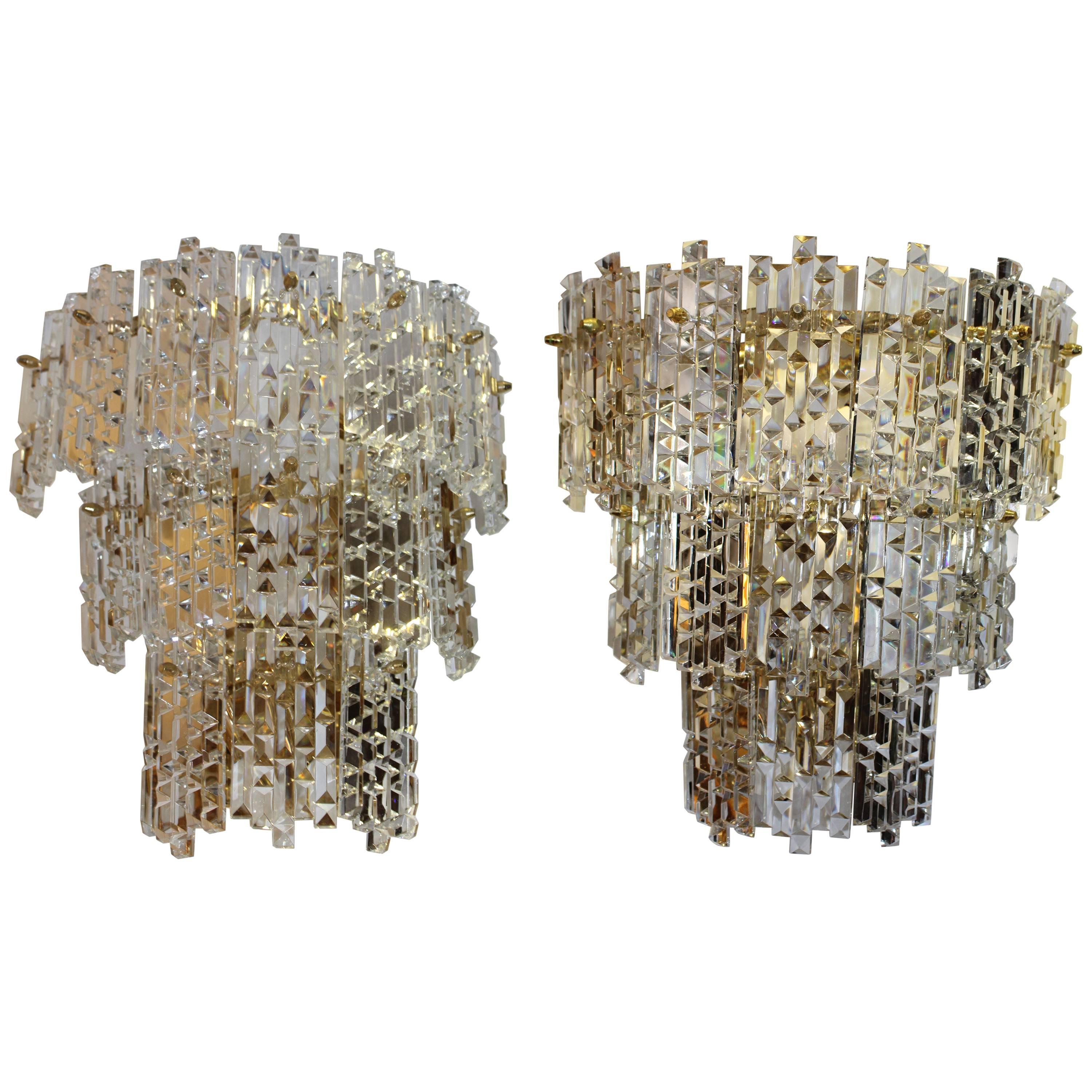 1970s Pair of Spanish Gilded Brass Wall Lamps with Beveled Crystal