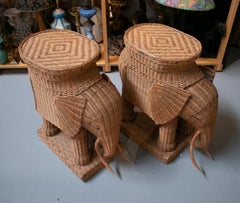 1970s Pair of Spanish Hand Woven Wicker Elephant Pedestal Side Tables