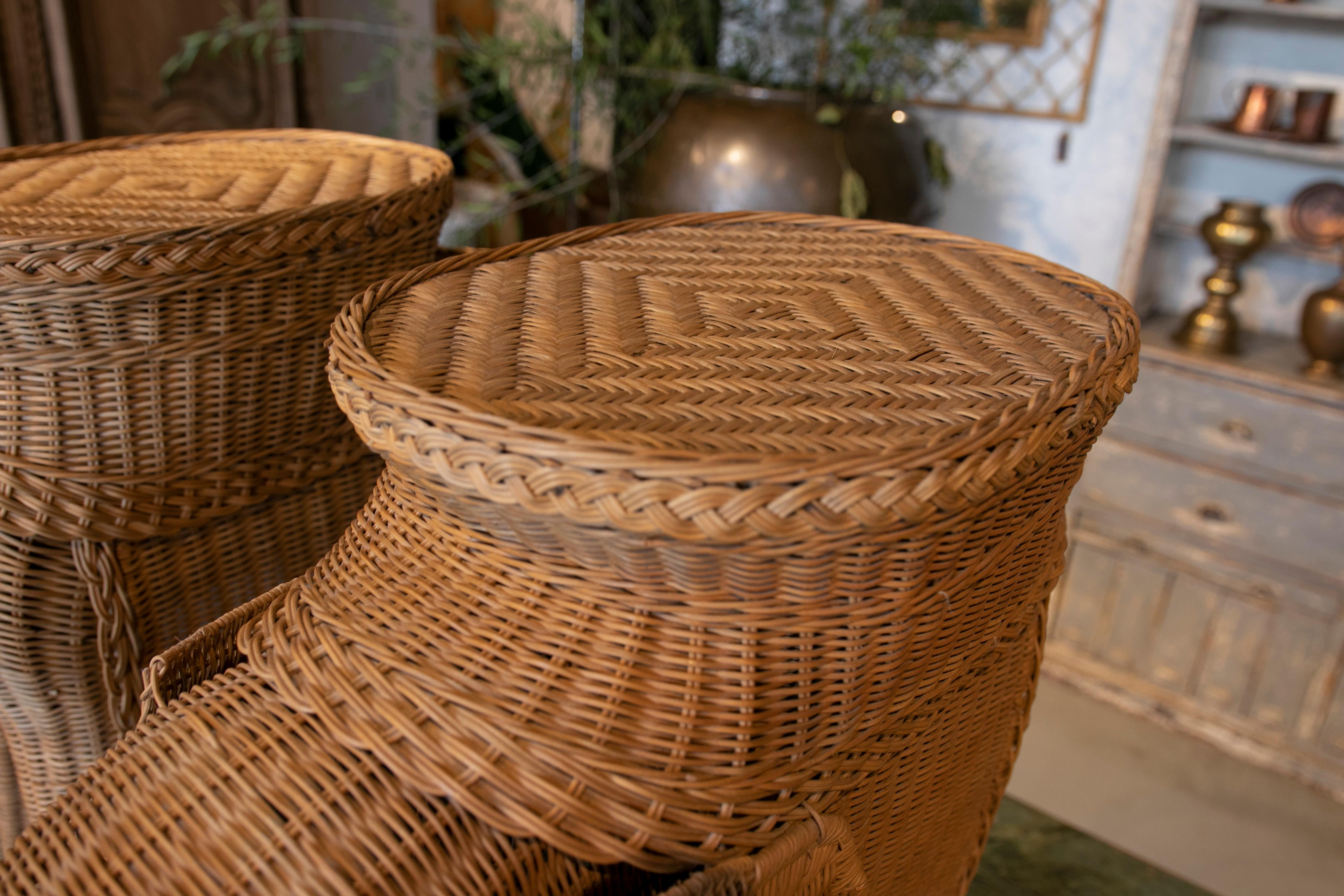Late 20th Century 1970s Pair of Spanish Hand Woven Wicker Elephant Pedestal Side Tables