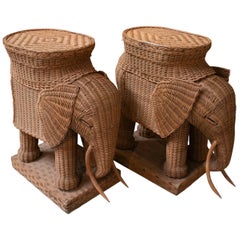 Vintage 1970s Pair of Spanish Hand Woven Wicker Elephant Pedestal Side Tables