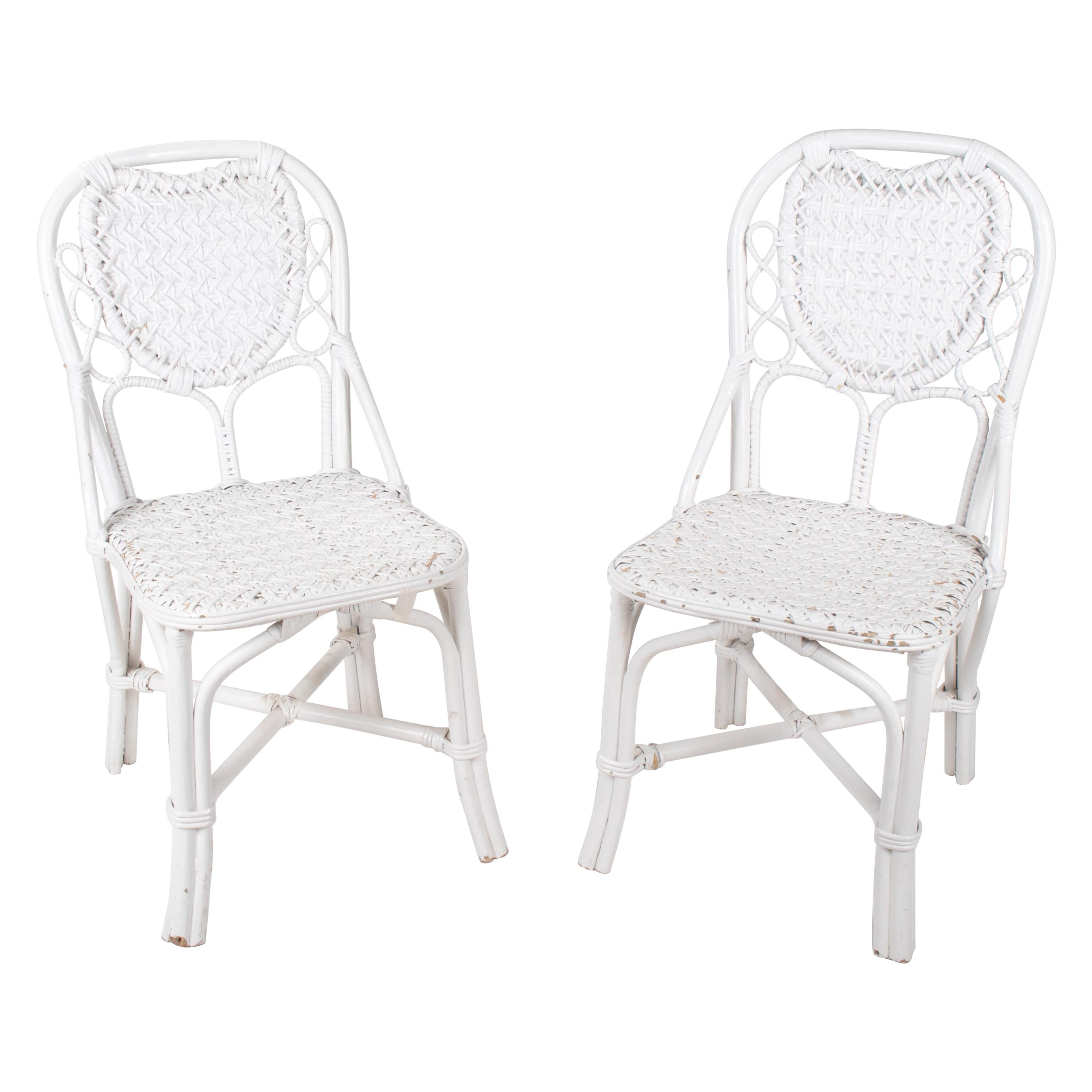 1970s Pair of Spanish Handmade White Wicker Wooden Chairs