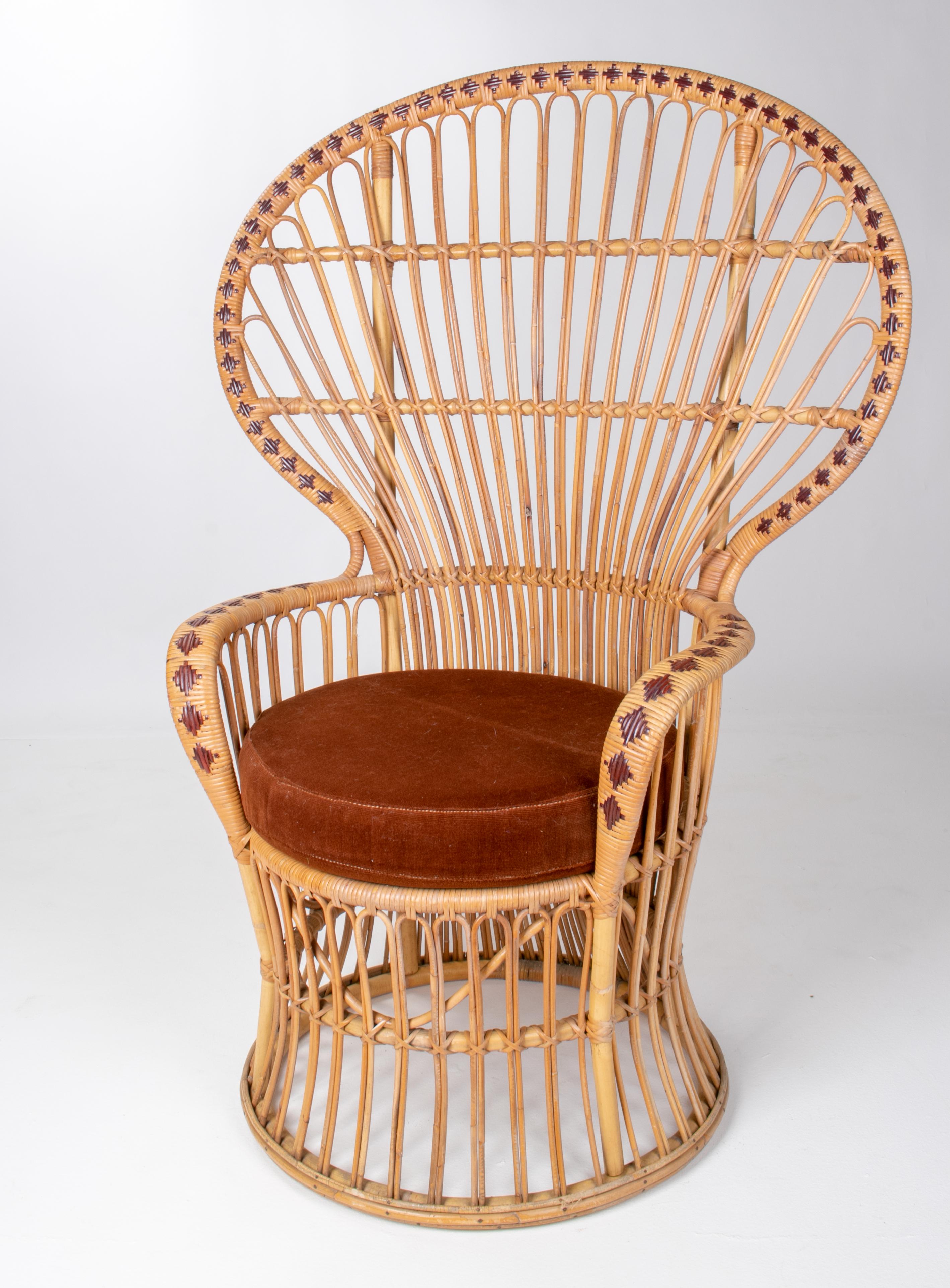 Pair of Spanish 1970s handmade wicker and bamboo armchairs.