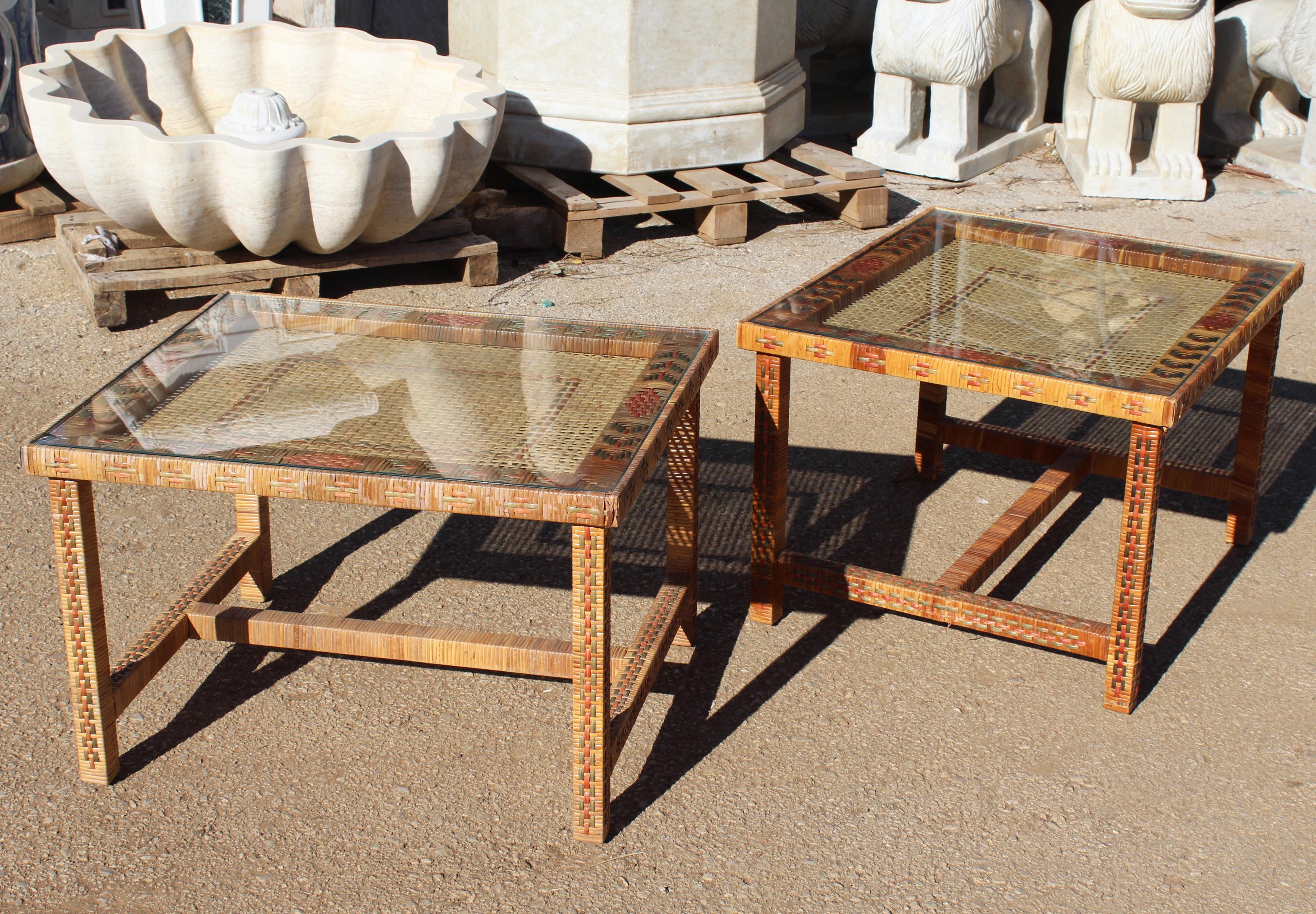 1970s Pair of Spanish Hand Woven Wicker Side Tables In Good Condition In Marbella, ES