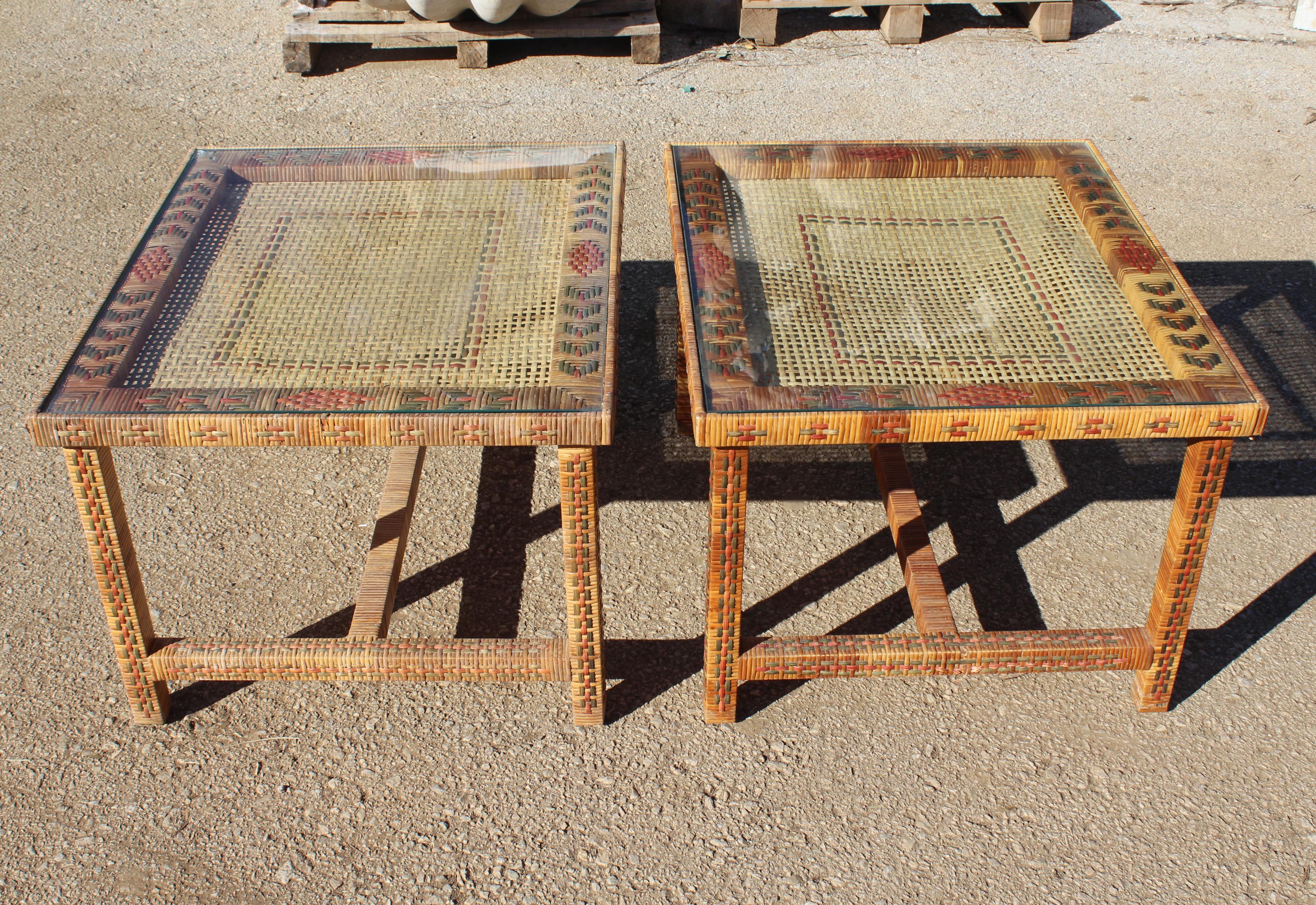 1970s Pair of Spanish Hand Woven Wicker Side Tables 2