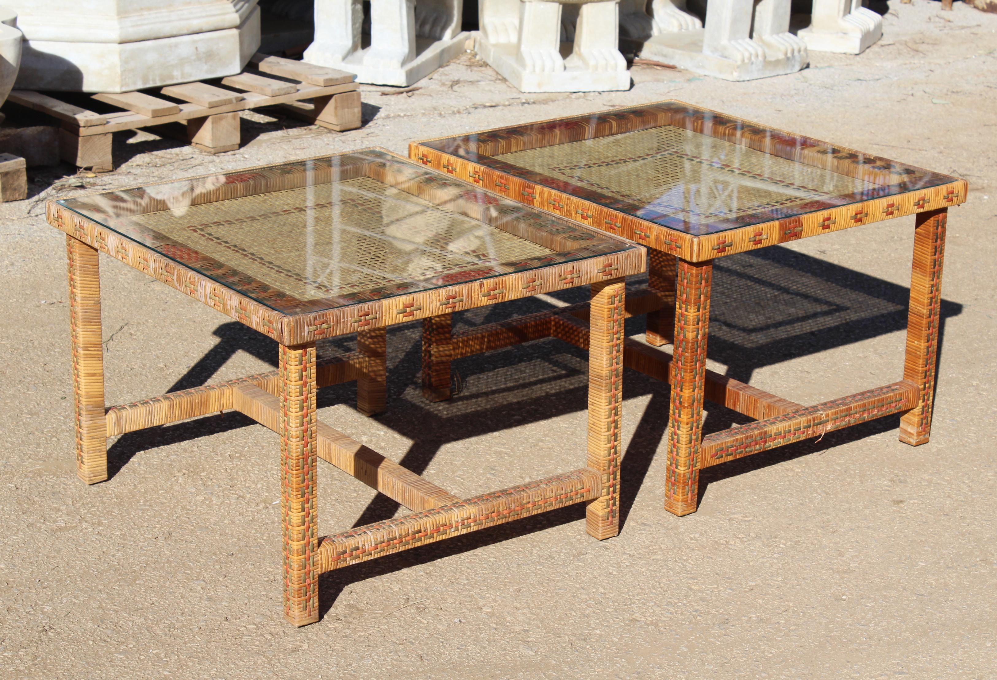 1970s Pair of Spanish Hand Woven Wicker Side Tables 3