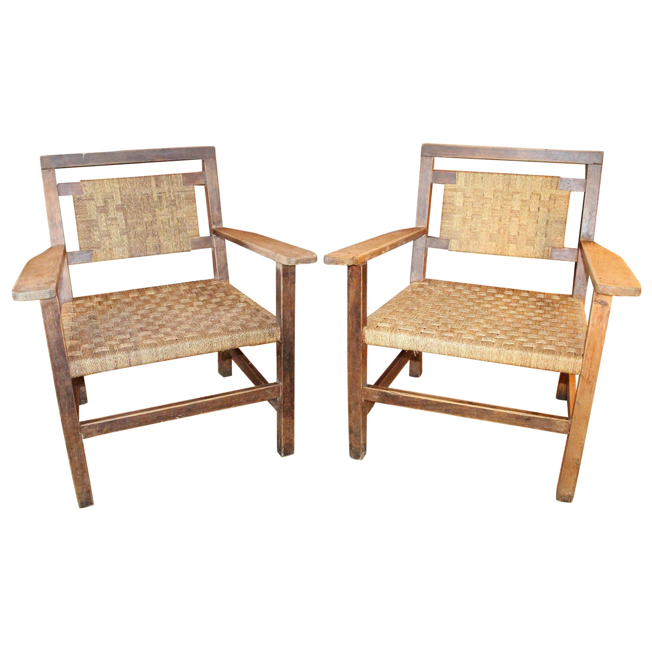 1970s Pair of Spanish Laced Wicker Wooden Armchairs