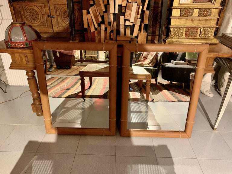 1970s Pair of Spanish Leather Frame Mirrors For Sale 5
