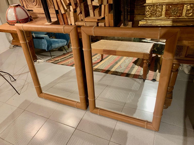 1970s Pair of Spanish Leather Frame Mirrors For Sale 9