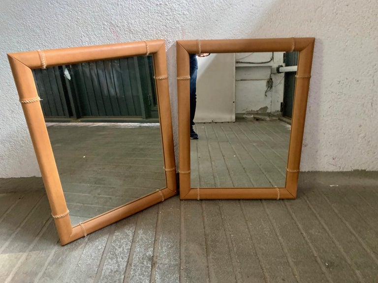 1970s Pair of Spanish Leather Frame Mirrors For Sale 1