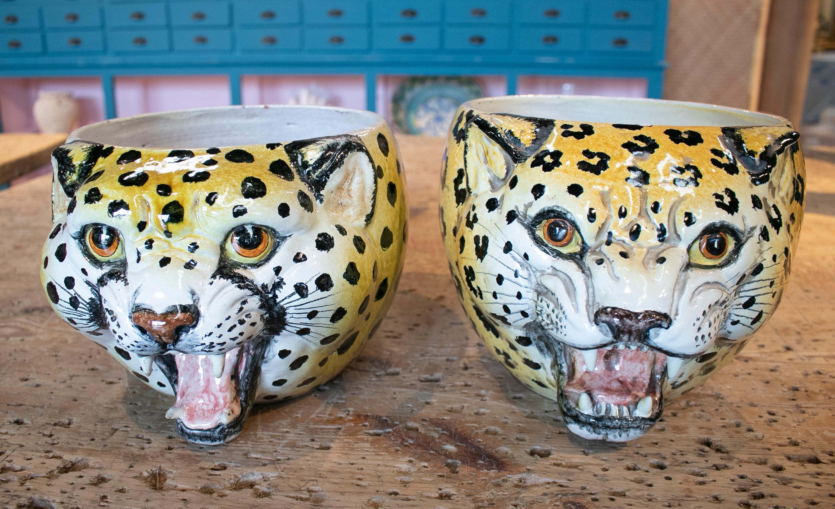 1970s pair of Spanish hand painted leopard glazed ceramic vases.
