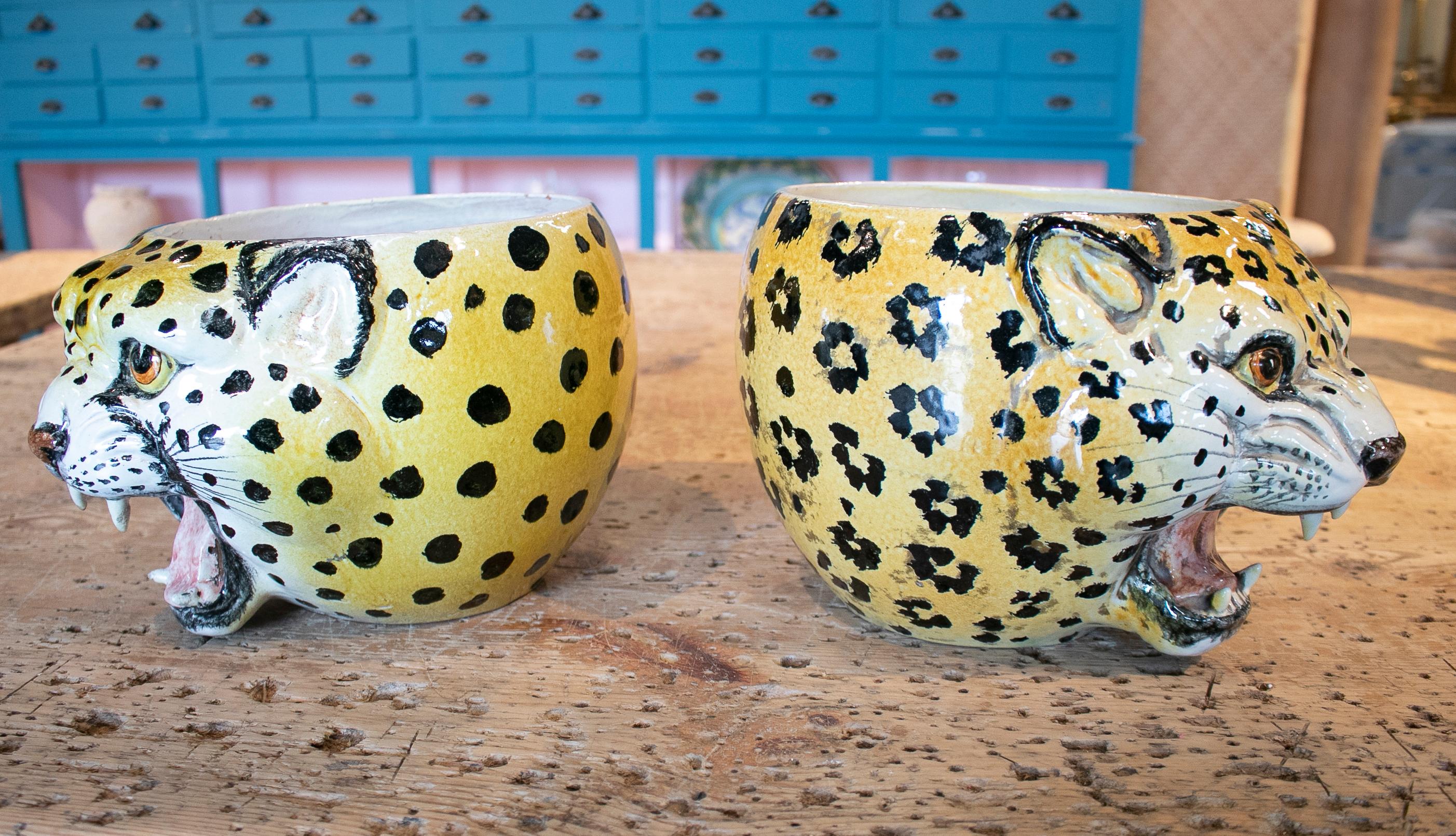 Hand-Painted 1970s Pair of Spanish Leopard Glazed Ceramic Vases