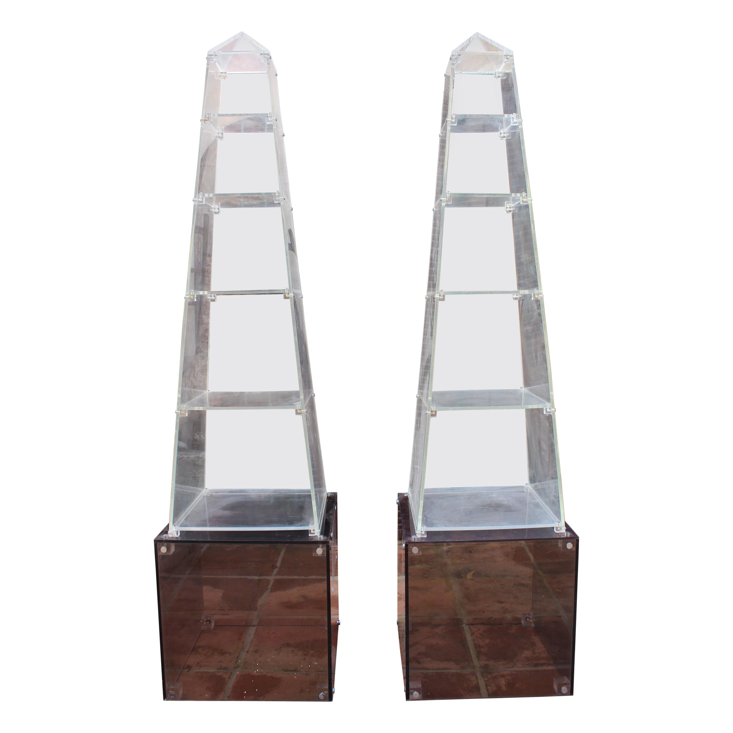 1970s Pair of Spanish Methacrylate Plexiglass Obelisk Shaped Book Shelves