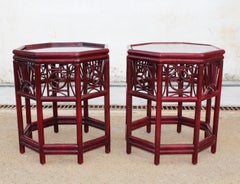 1970s Pair of Spanish Oriental Style Wood Imitating Cane Bamboo Side Tables
