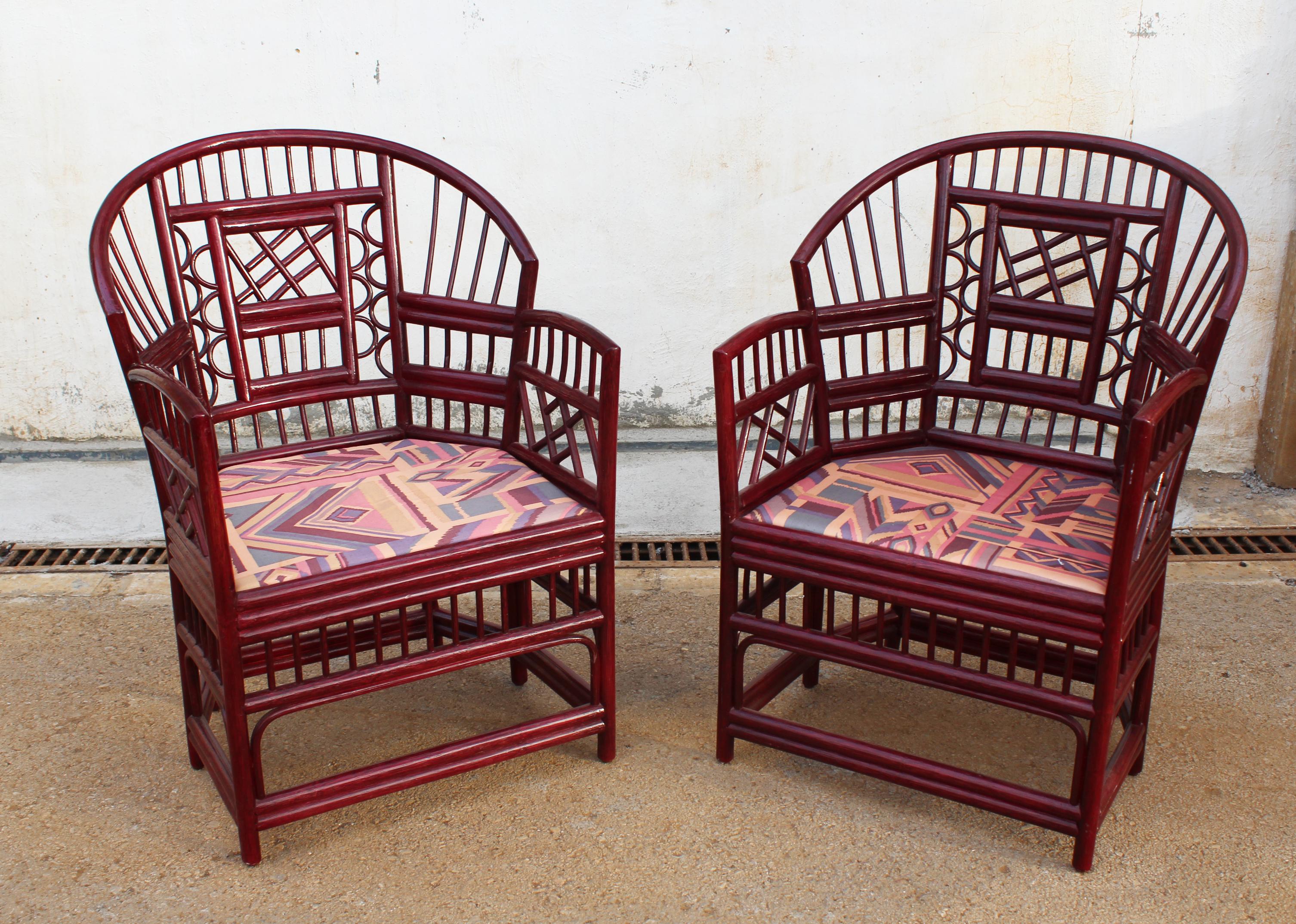 1970s pair of Spanish wood imitating cane bamboo armchairs, decorated with Orientalist geometric motifs.