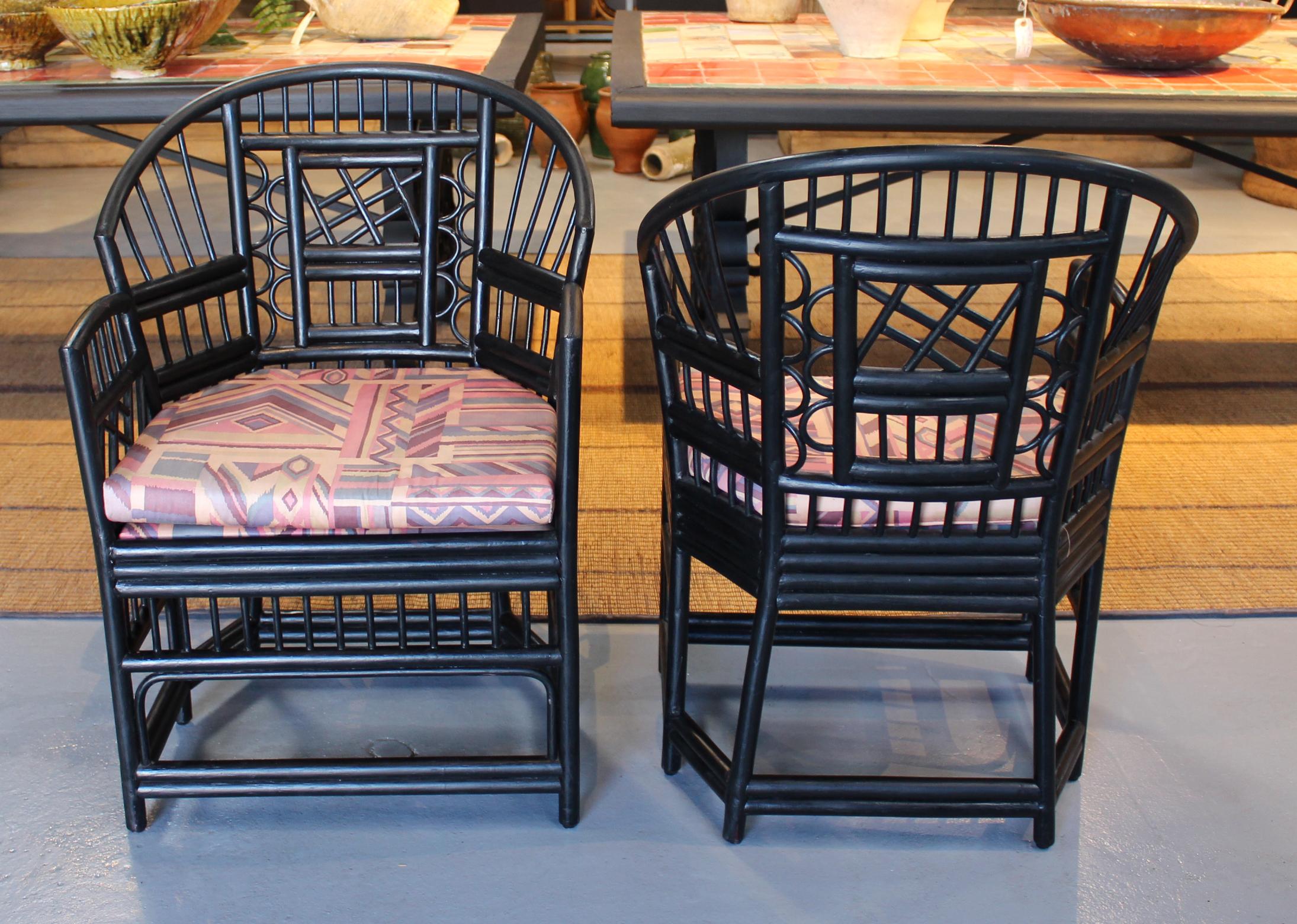 Asian 1970s Pair of Spanish Orientalist Style Wood Imitating Cane Bamboo Armchairs