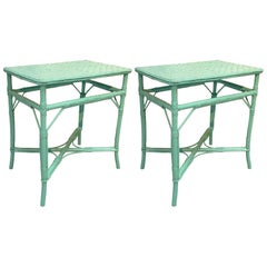 1970s Pair of Spanish Rattan and Wood Table Painted Green