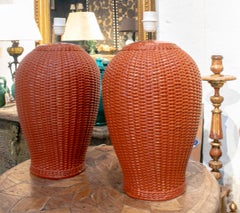1970s Pair of Spanish Red Ceramic Table Lamps Imitating Hand Woven Wicker