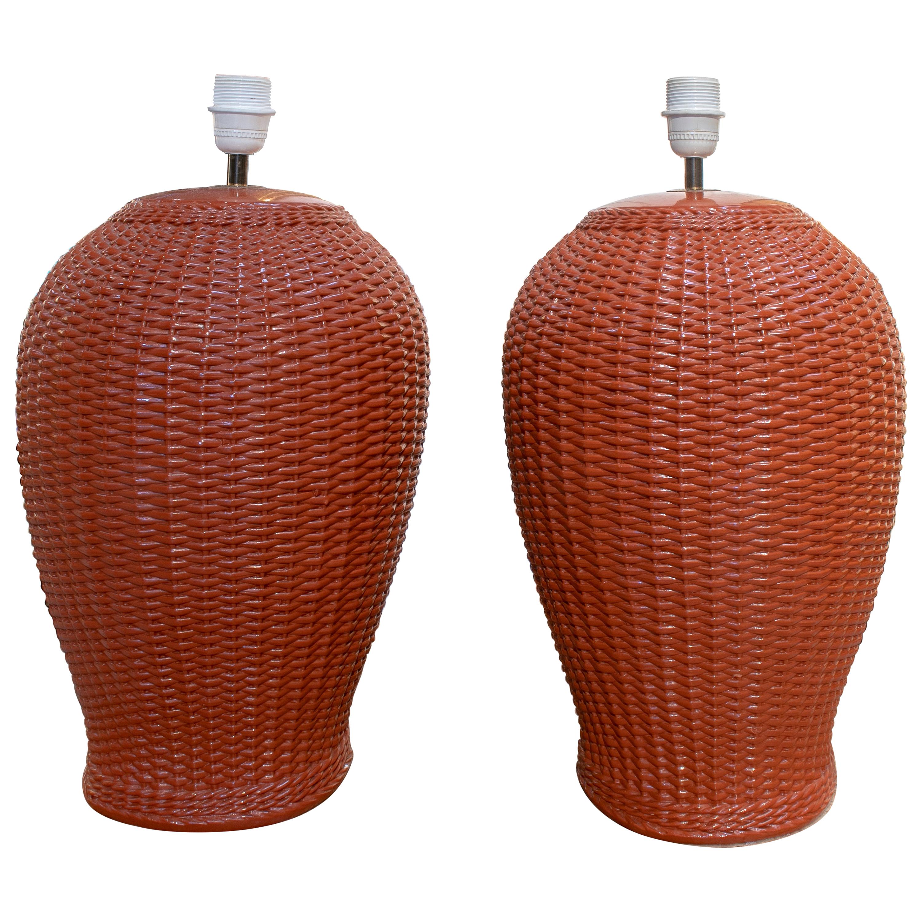 1970s Pair of Spanish Red Ceramic Table Lamps Imitating Hand Woven Wicker