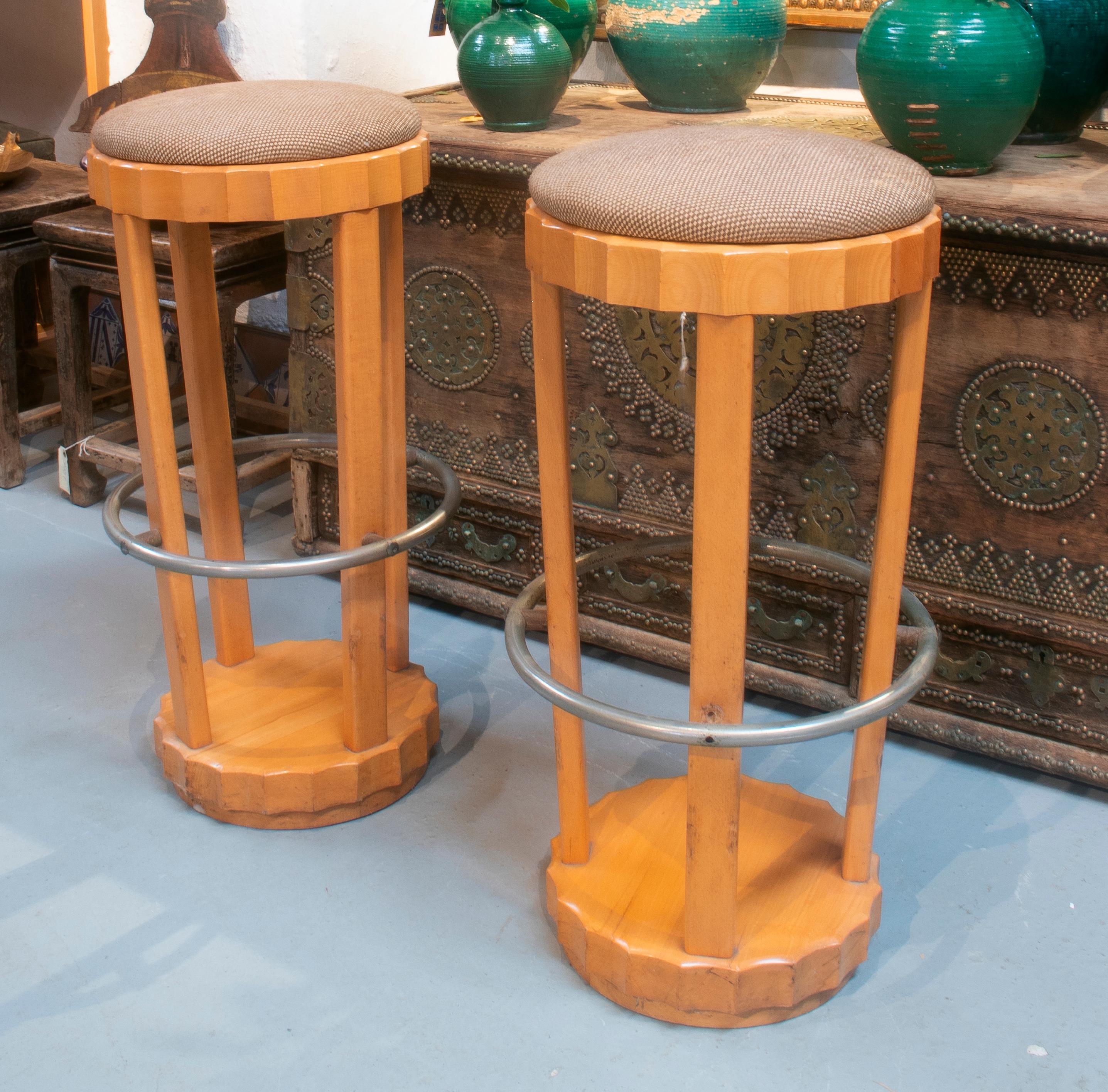 1970s pair of Spanish stools with aluminium foot rests.