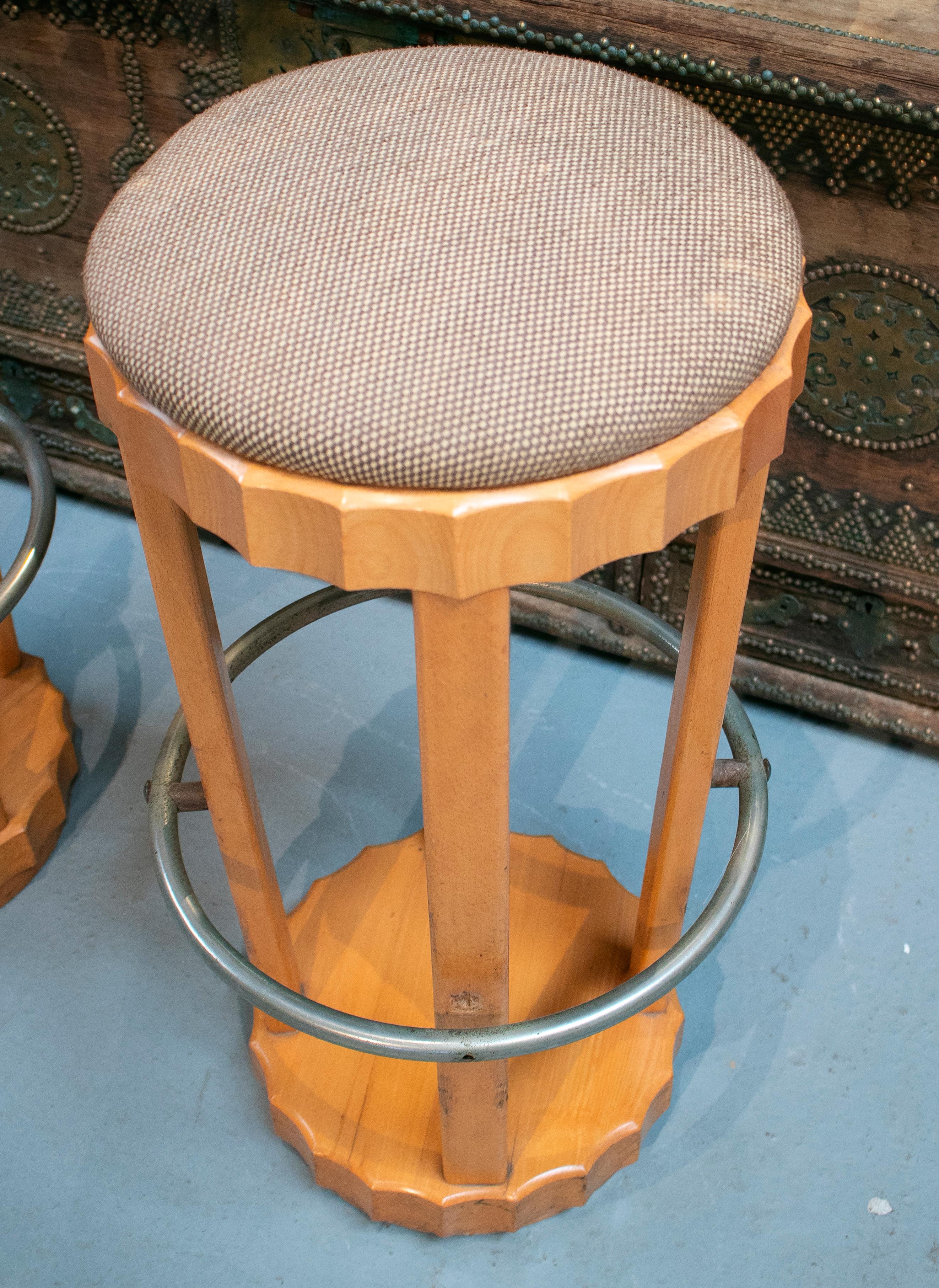 Wood 1970s Pair of Spanish Stools with Aluminium Foot Rests For Sale