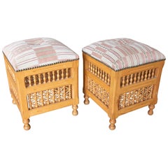 1970s Pair of Spanish Stools with Bobbin Turned and New Upholstery