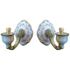 1970s Pair of Spanish Talavera Porcelain Green 
White Wall Sconces