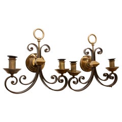 1970s Pair of Spanish Wall Sconces in Wrought Iron and Brass