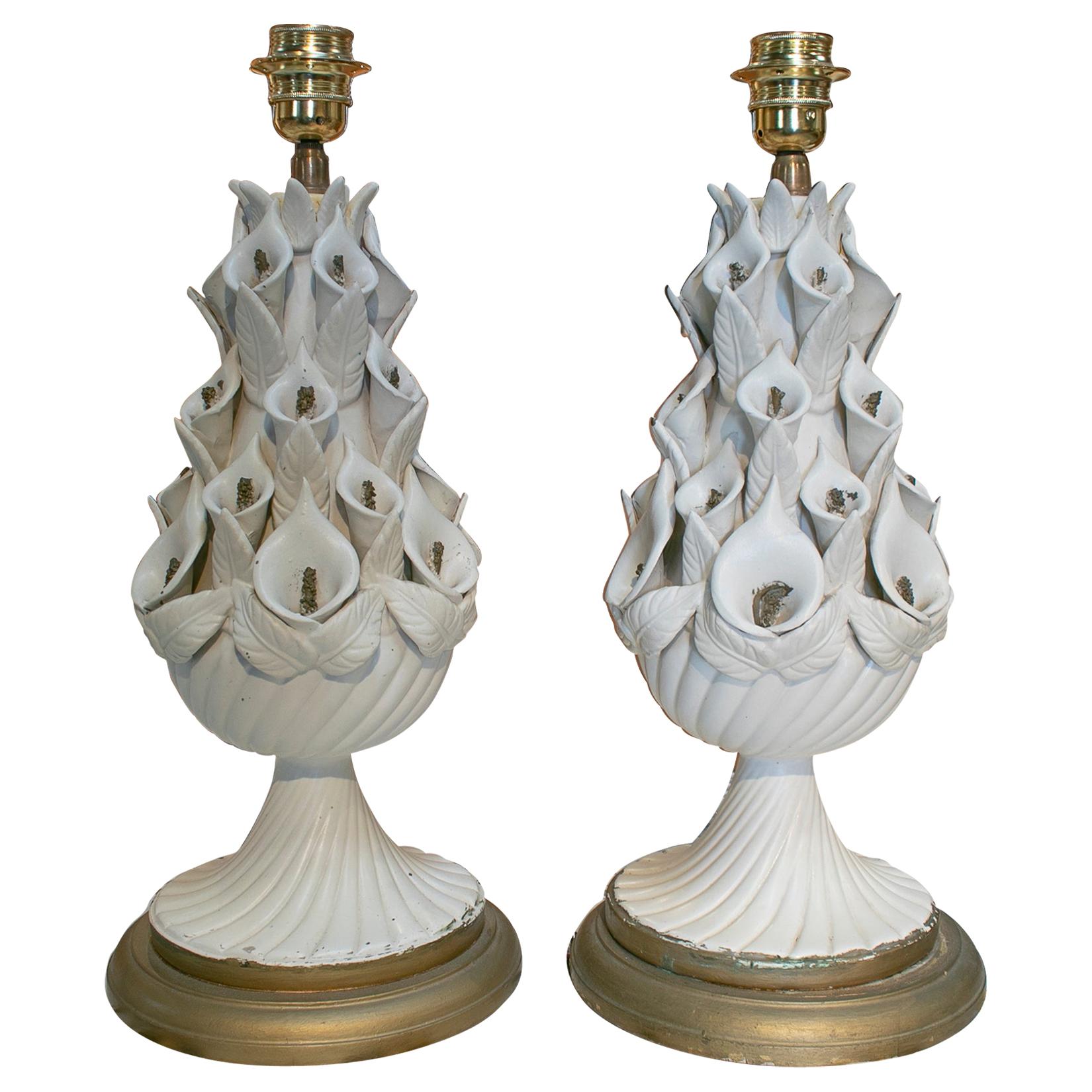 1970s Pair of Spanish White Porcelain Table Lamps