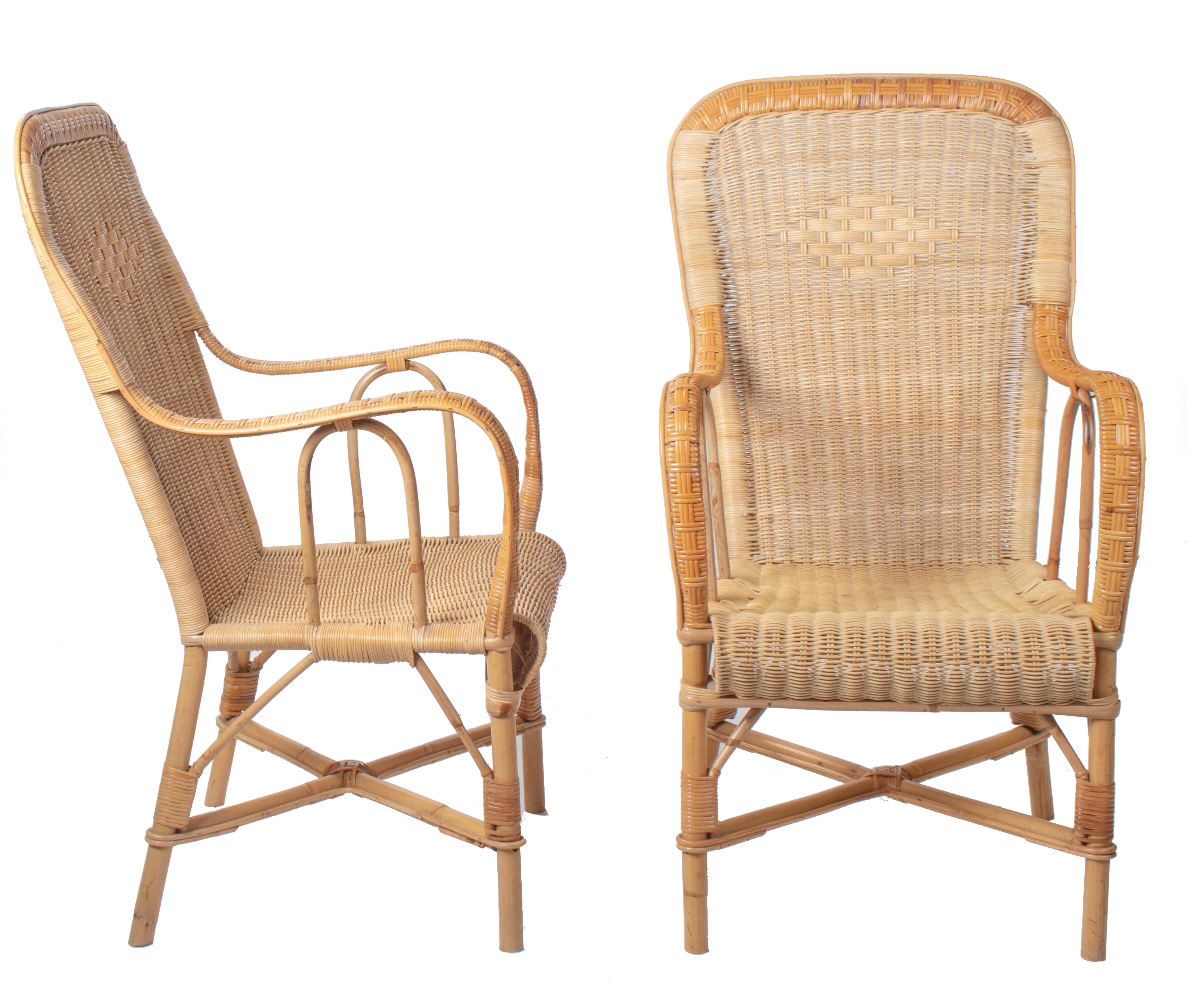 Zwei spanische, handgefertigte Sessel aus Weide und Bambus aus den 1970er Jahren.