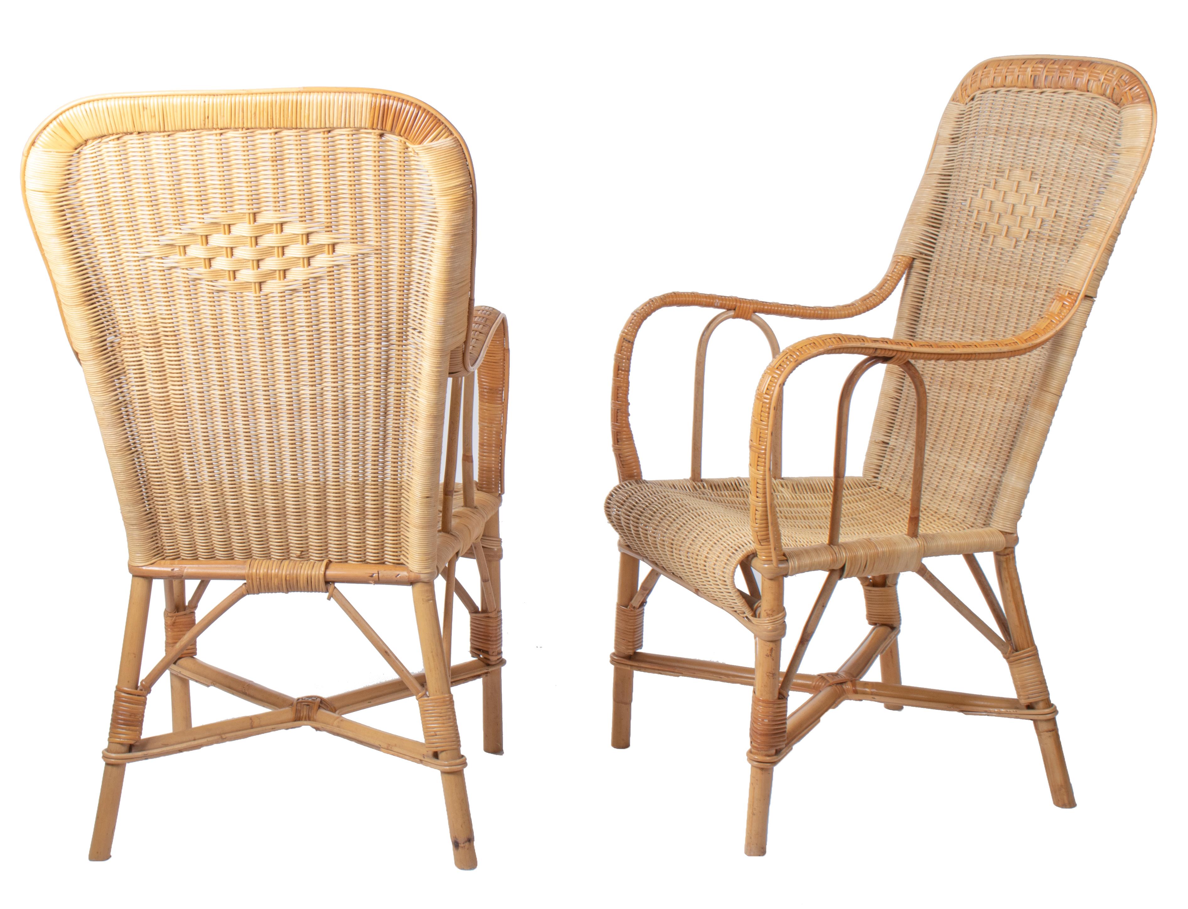 1970s Pair of Spanish Wicker and Bamboo Handmade Armchairs In Good Condition For Sale In Marbella, ES