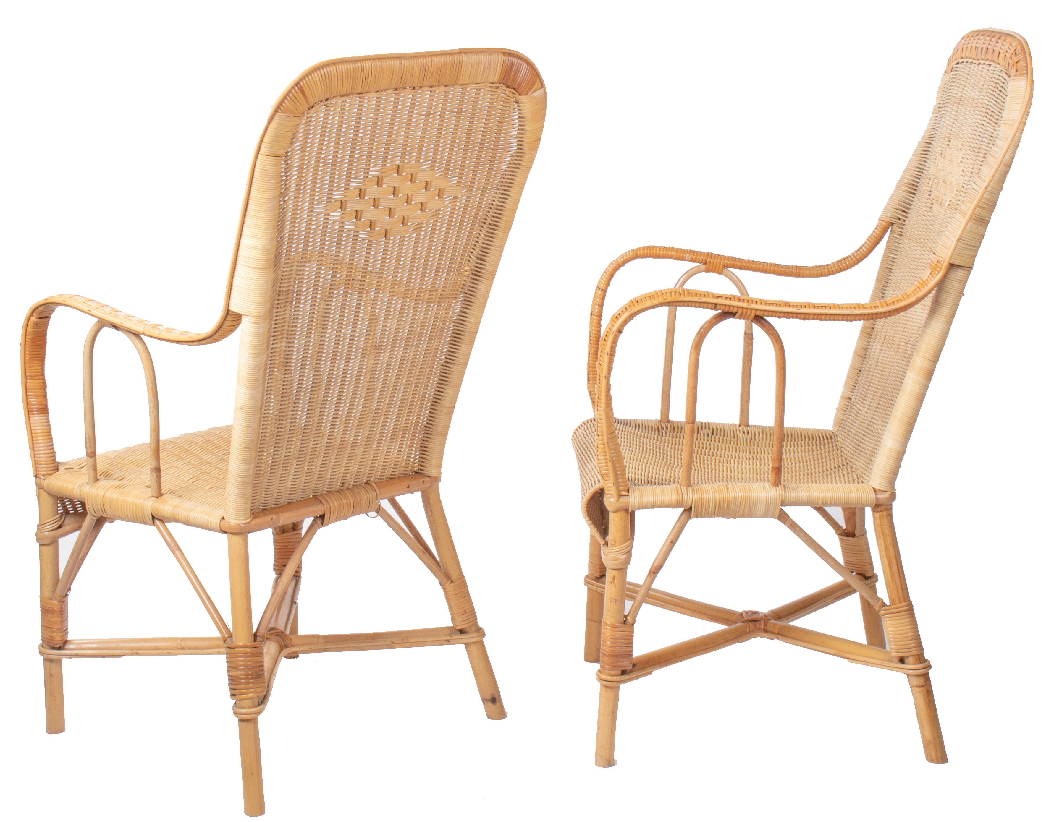 20th Century 1970s Pair of Spanish Wicker and Bamboo Handmade Armchairs For Sale