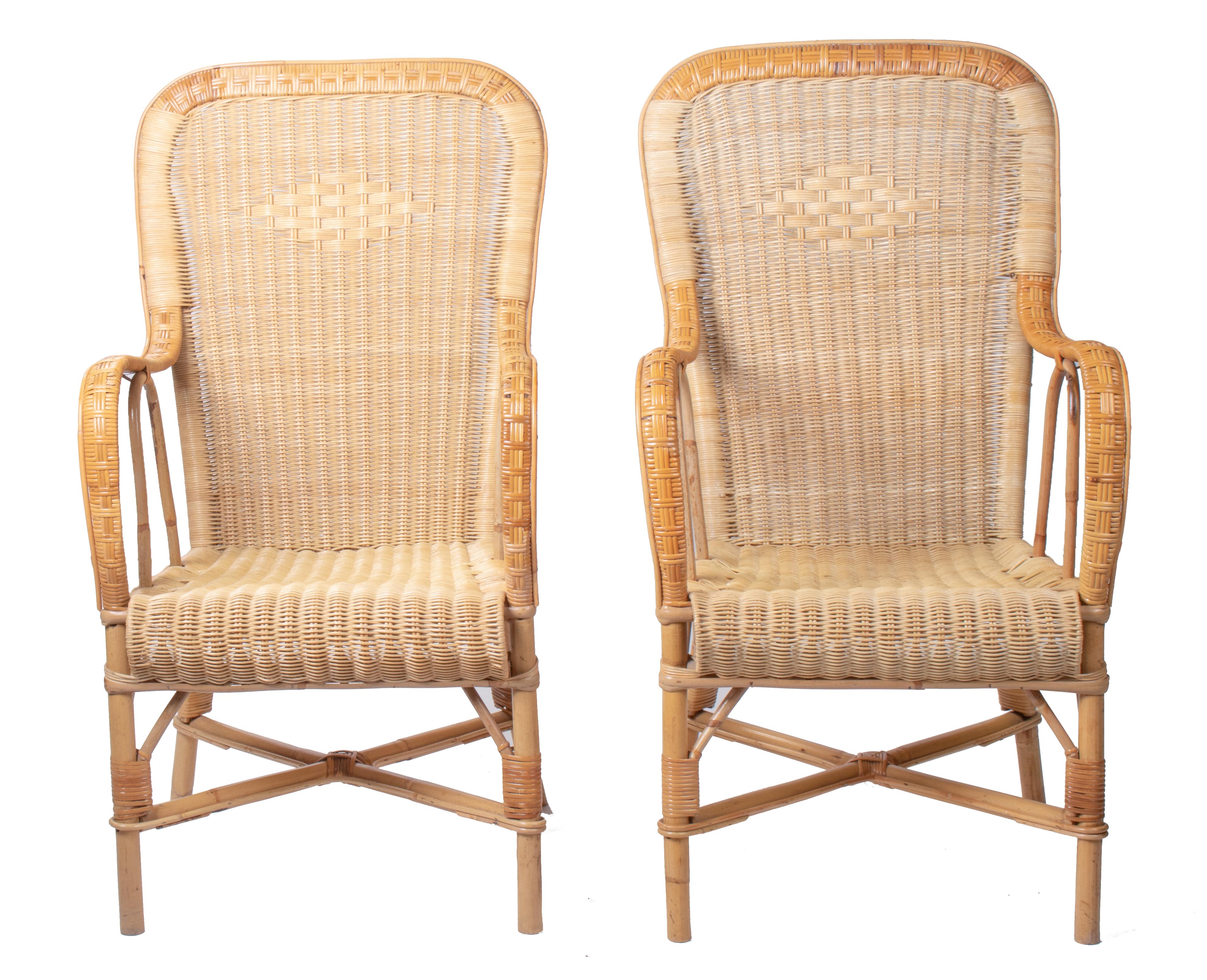 1970s Pair of Spanish Wicker and Bamboo Handmade Armchairs For Sale 1