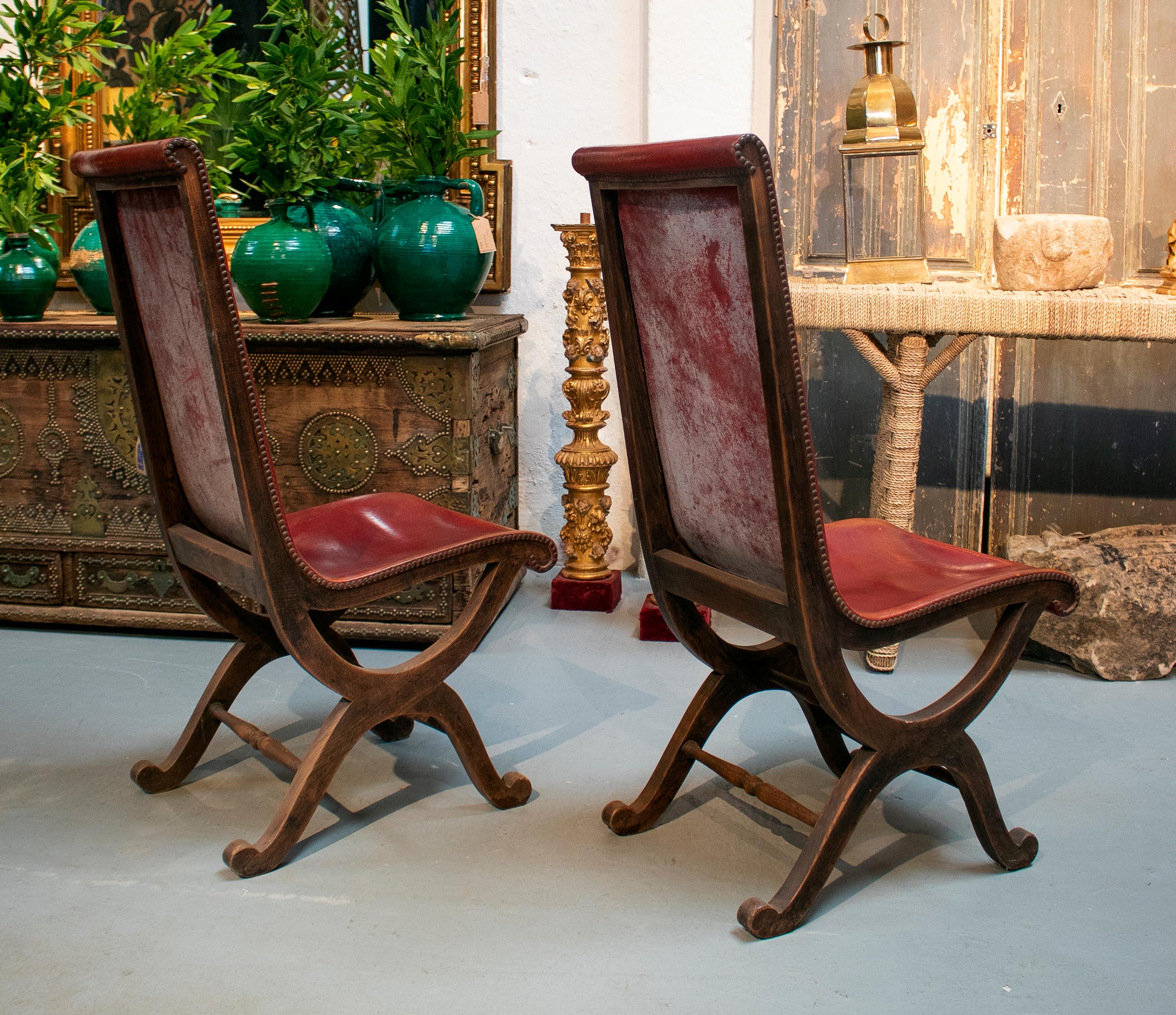 European 1970s Pair of Spanish Wood and Red Leather Tall Back Chairs